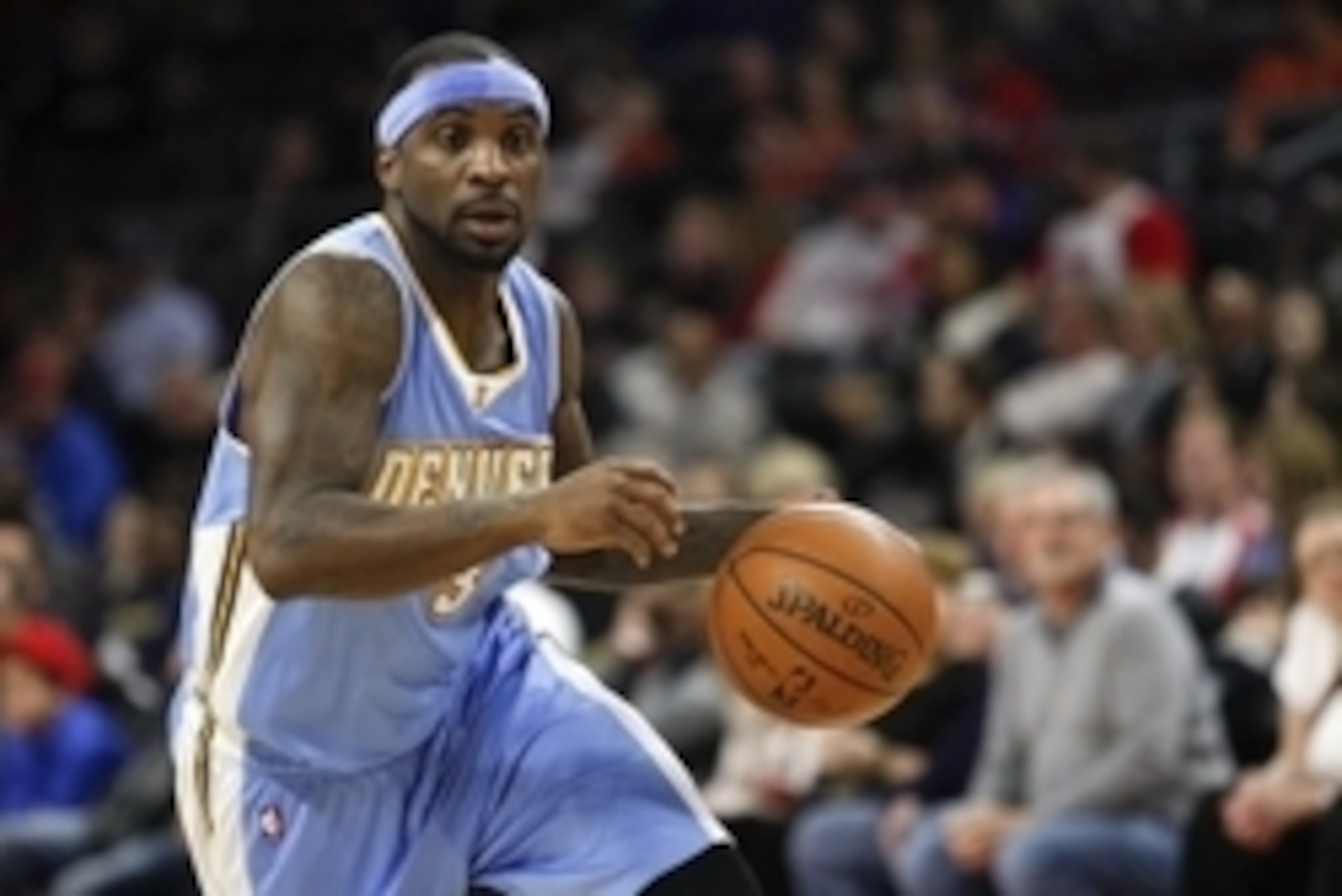 Feb 6, 2015; Auburn Hills, MI, USA; Denver Nuggets guard Ty Lawson (3) dribbles the ball during the second quarter against the Detroit Pistons at The Palace of Auburn Hills. Mandatory Credit: Raj Mehta-USA TODAY Sports