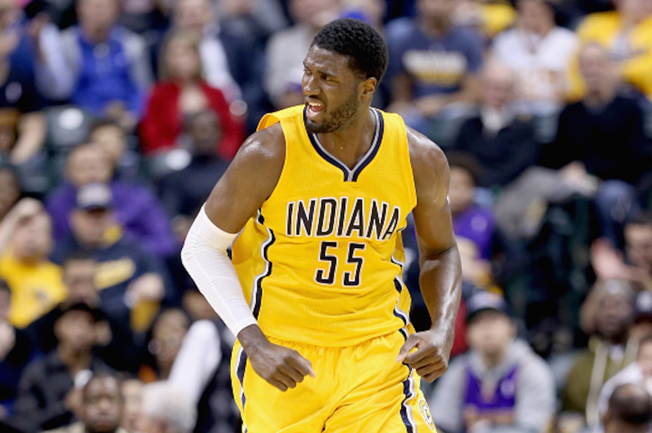 INDIANAPOLIS, IN - DECEMBER 15:  Roy Hibbert #55 of the Indiana Pacers celebrates during the game against the Los Angeles Lakers during the game at Bankers Life Fieldhouse on December 15, 2014 in Indianapolis, Indiana.  NOTE TO USER: User expressly acknow
