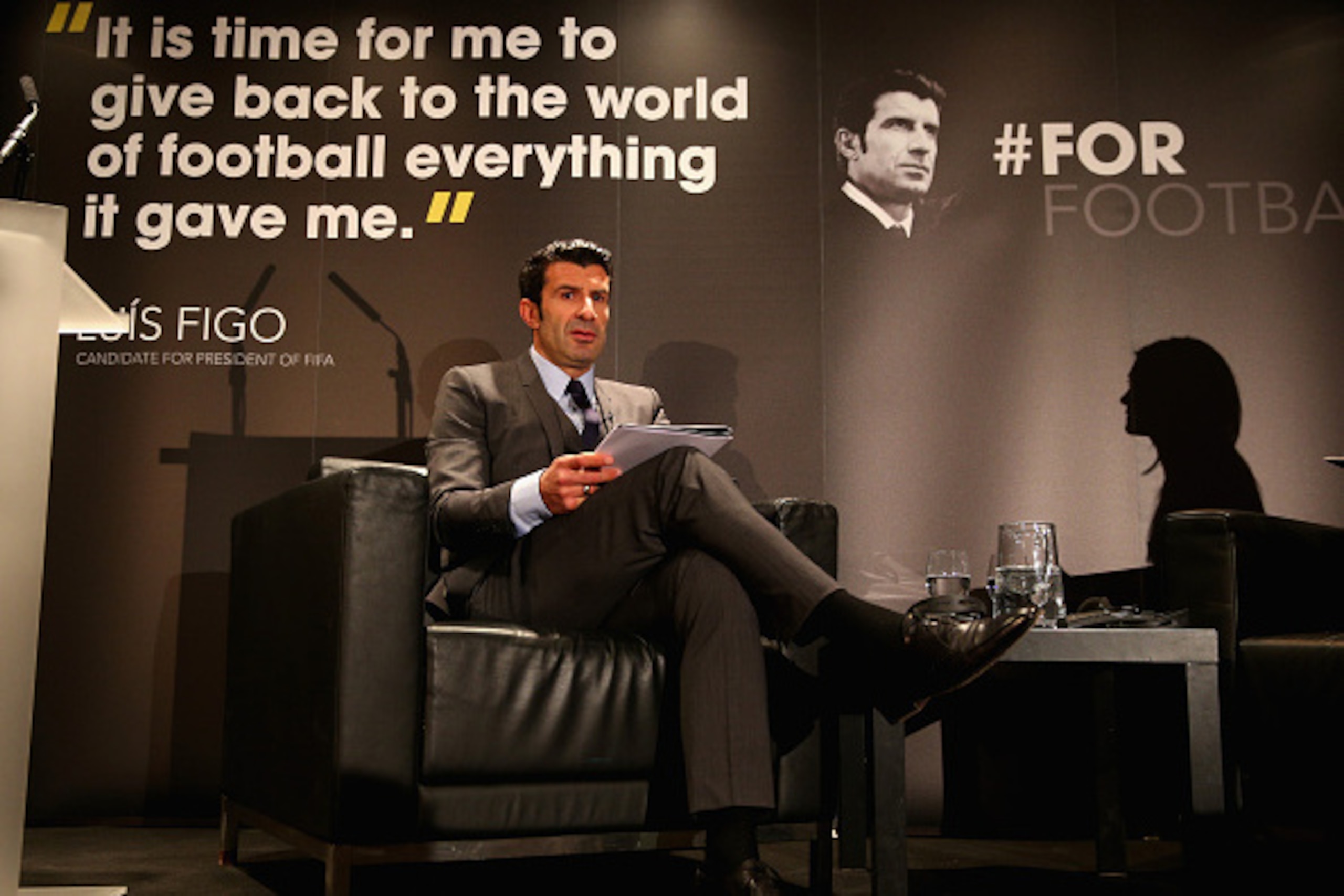 LONDON, ENGLAND - FEBRUARY 19:  Luis Figo talks to the media as he launches his FIFA Presidential Campaign Manifesto at Wembley Stadium on February 19, 2015 in London, England.  (Photo by Paul Gilham/Getty Images)