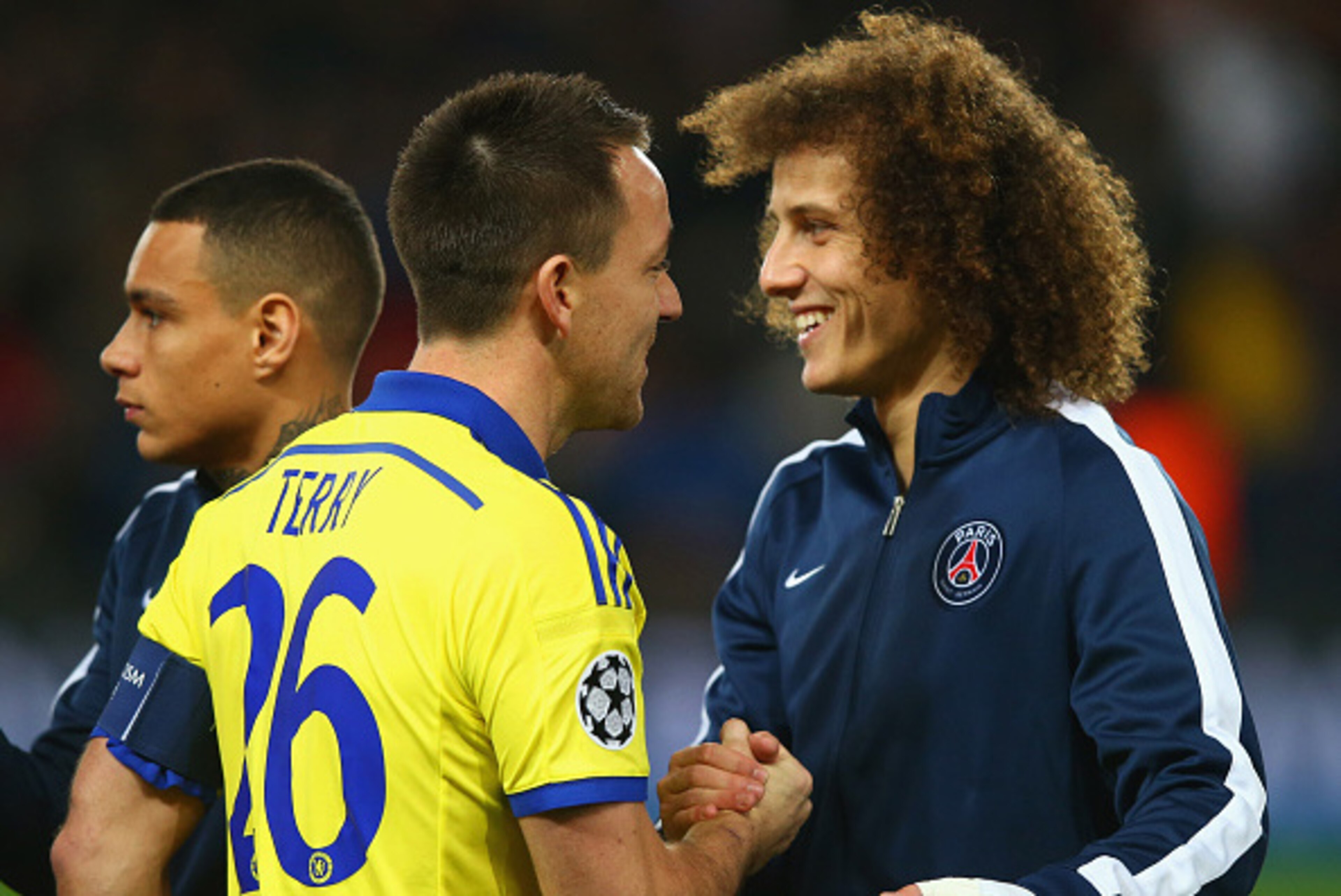 PARIS, FRANCE - FEBRUARY 17:  John Terry of Chelsea and David Luiz of Paris Saint-Germain shake hands prior to during the UEFA Champions League Round of 16 match between Paris Saint-Germain and Chelsea at Parc des Princes on February 17, 2015 in Paris, Fr