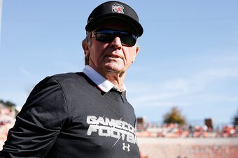 CLEMSON, SC - NOVEMBER 29: Head Coach Steve Spurrier of the South Carolina Gamecocks looks on prior to their game against the Clemson Tigers at Memorial Stadium on November 29, 2014 in Clemson, South Carolina. (Photo by Tyler Smith/Getty Images)