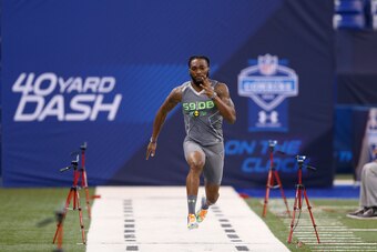 INDIANAPOLIS, IN - FEBRUARY 25: Former Georgia Southern defensive back Lavelle Westbrooks runs the 40-yard dash during the 2014 NFL Combine at Lucas Oil Stadium on February 25, 2014 in Indianapolis, Indiana. (Photo by Joe Robbins/Getty Images)