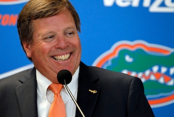 Dec 6, 2014; Gainesville, FL, USA; Florida Gators head coach Jim McElwain is introduced during a press conference at Ben Hill Griffin Stadium. Mandatory Credit: Kim Klement-USA TODAY Sports