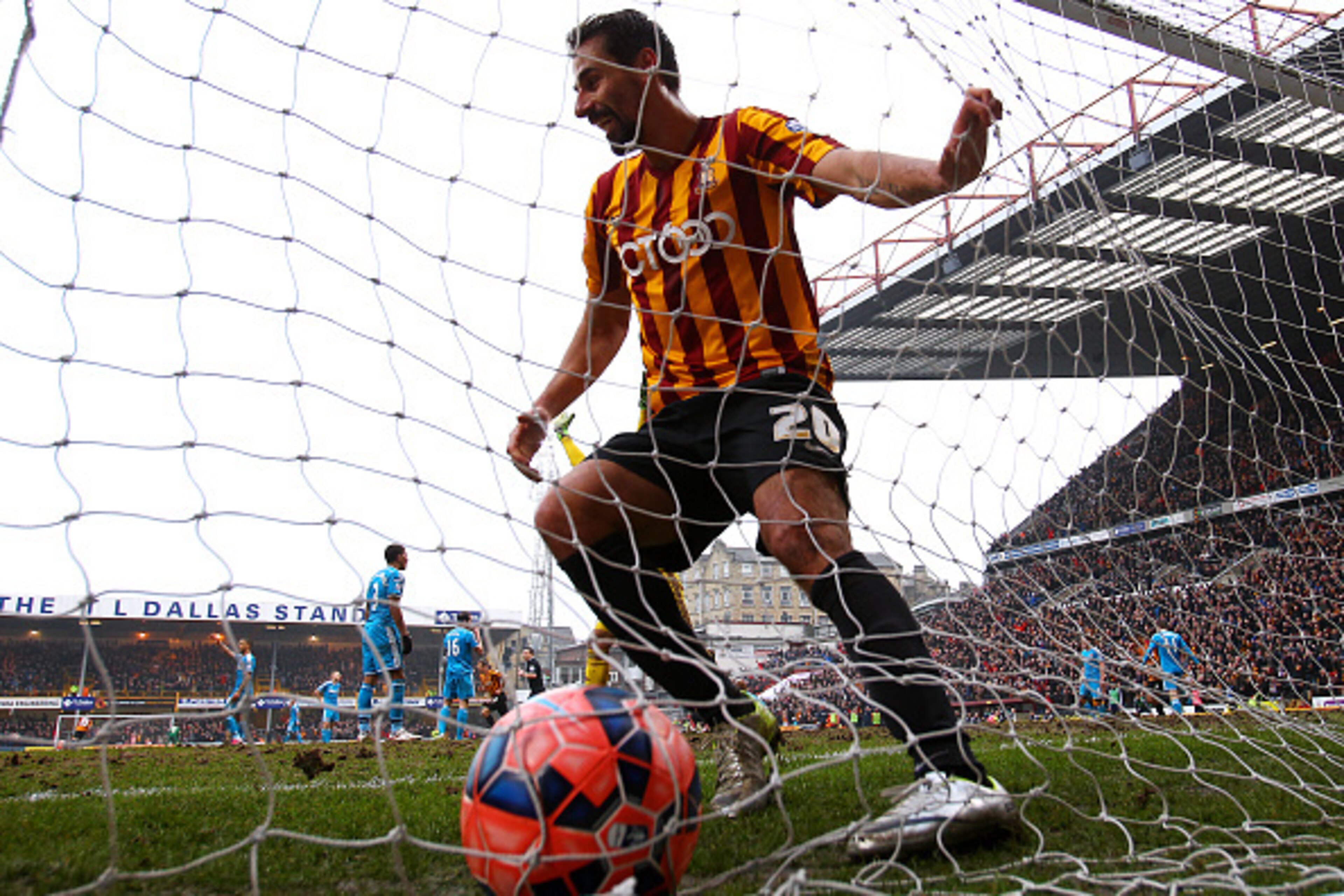 BRADFORD, ENGLAND - FEBRUARY 15:  Filipe Morais of Bradford celebrates after team-mate Jon Stead of Bradford scored his team's second goal past Vito Mannone of Sunderland during the FA Cup Fifth Round match between Bradford City and Sunderland at Coral Wi