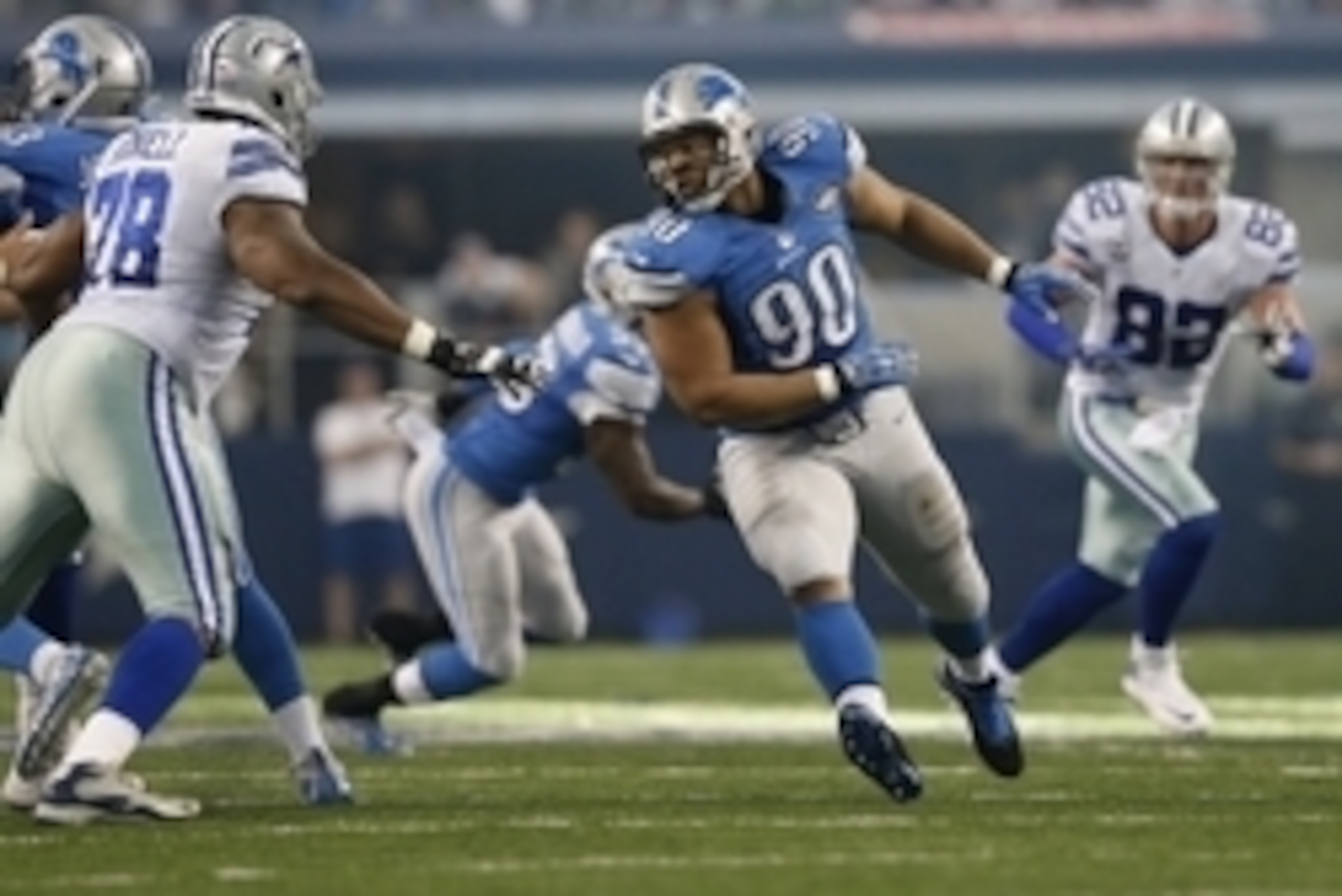 Jan 4, 2015; Arlington, TX, USA; Detroit Lions defensive tackle Ndamukong Suh (90) in action against the Dallas Cowboys in the NFC Wild Card Playoff Game at AT&T Stadium. Mandatory Credit: Matthew Emmons-USA TODAY Sports