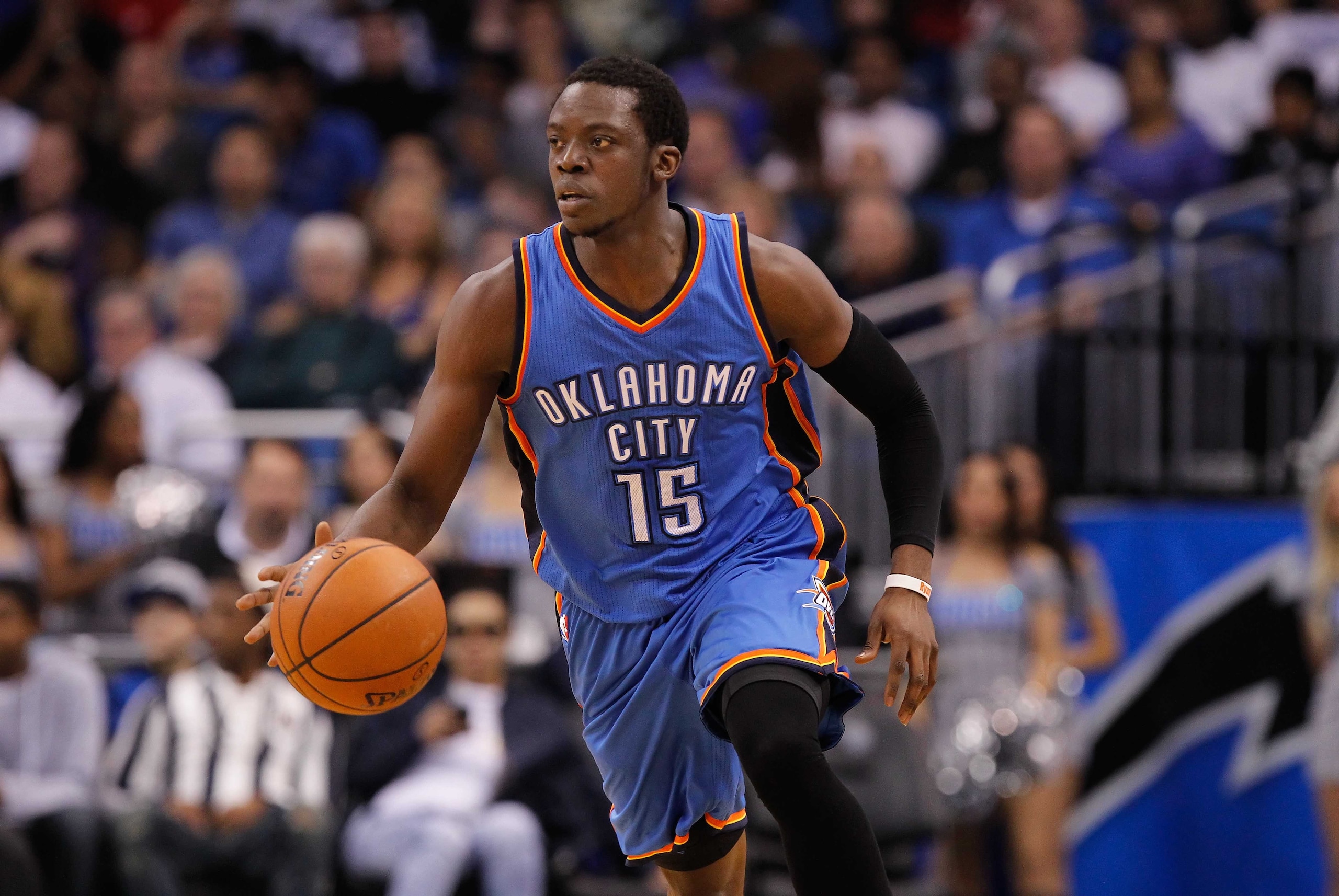 Jan 18, 2015; Orlando, FL, USA; Oklahoma City Thunder guard Reggie Jackson (15) drives to the basket against the Orlando Magic during the second quarter at Amway Center. Mandatory Credit: Kim Klement-USA TODAY Sports