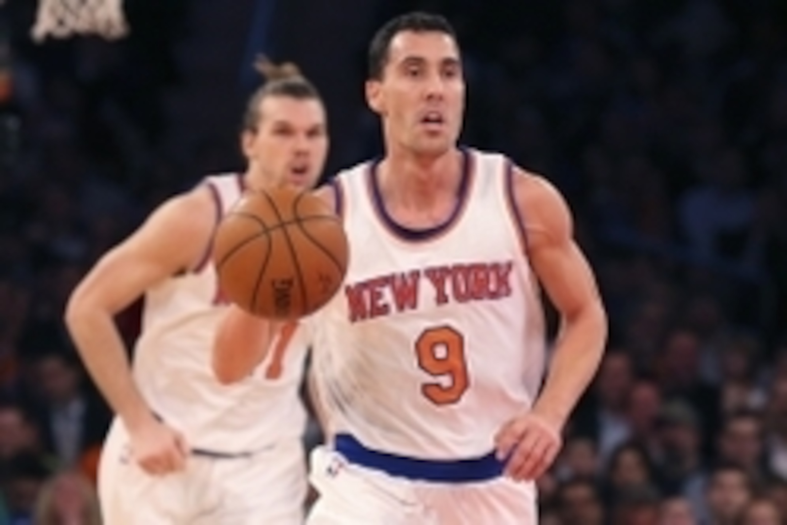 Jan 23, 2015; New York, NY, USA;  New York Knicks guard Pablo Prigioni (9) advances the ball during the second quarter against the Orlando Magic at Madison Square Garden. Mandatory Credit: Anthony Gruppuso-USA TODAY Sports