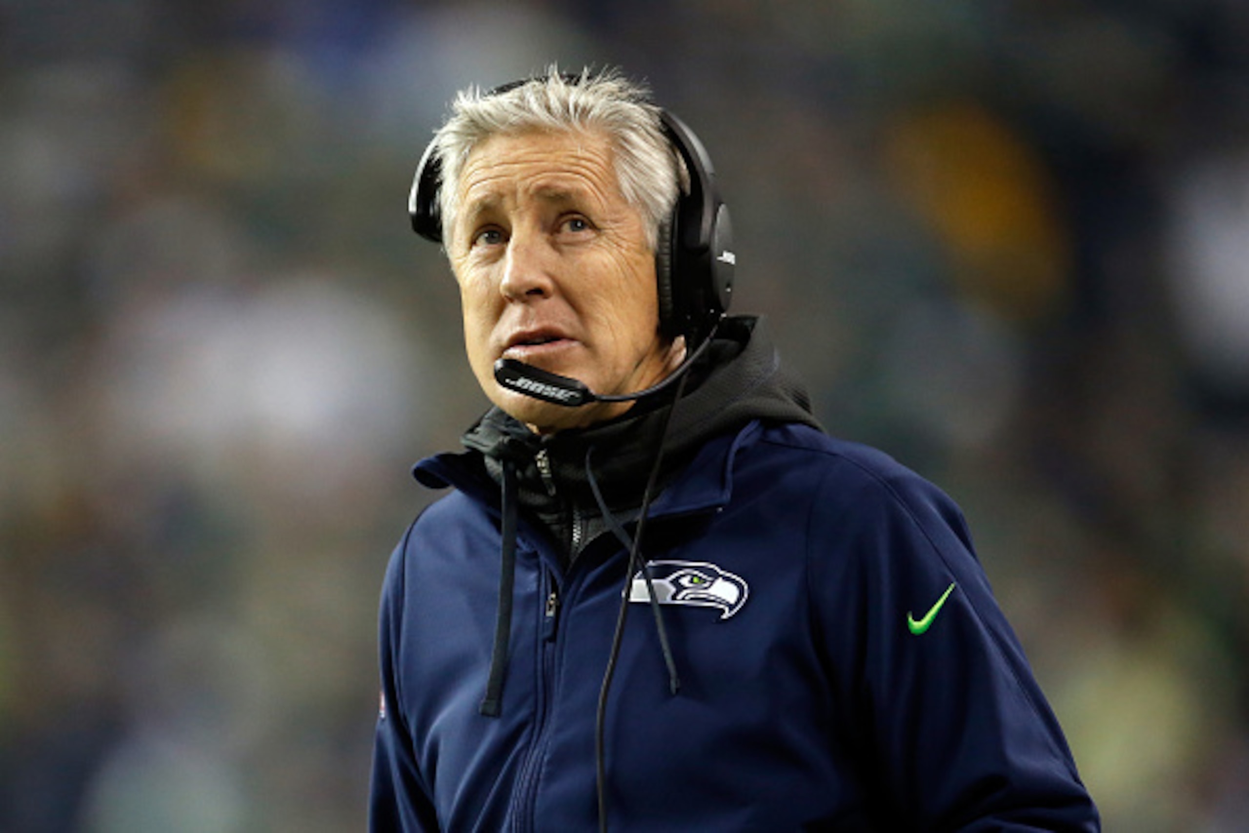 SEATTLE, WA - JANUARY 10:  Head coach Pete Carroll of the Seattle Seahawks looks on against the Carolina Panthers during the 2015 NFC Divisional Playoff game at CenturyLink Field on January 10, 2015 in Seattle, Washington.  (Photo by Otto Greule Jr/Getty 
