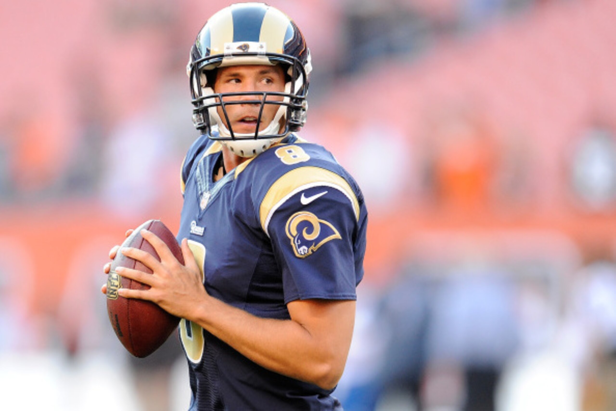 CLEVELAND, OH - AUGUST 23:  Sam Bradford #8 of the St. Louis Rams warms up prior to the preseason game against the Cleveland Browns at FirstEnergy Stadium on August 23, 2014 in Cleveland, Ohio.  (Photo by Joe Sargent/Getty Images)