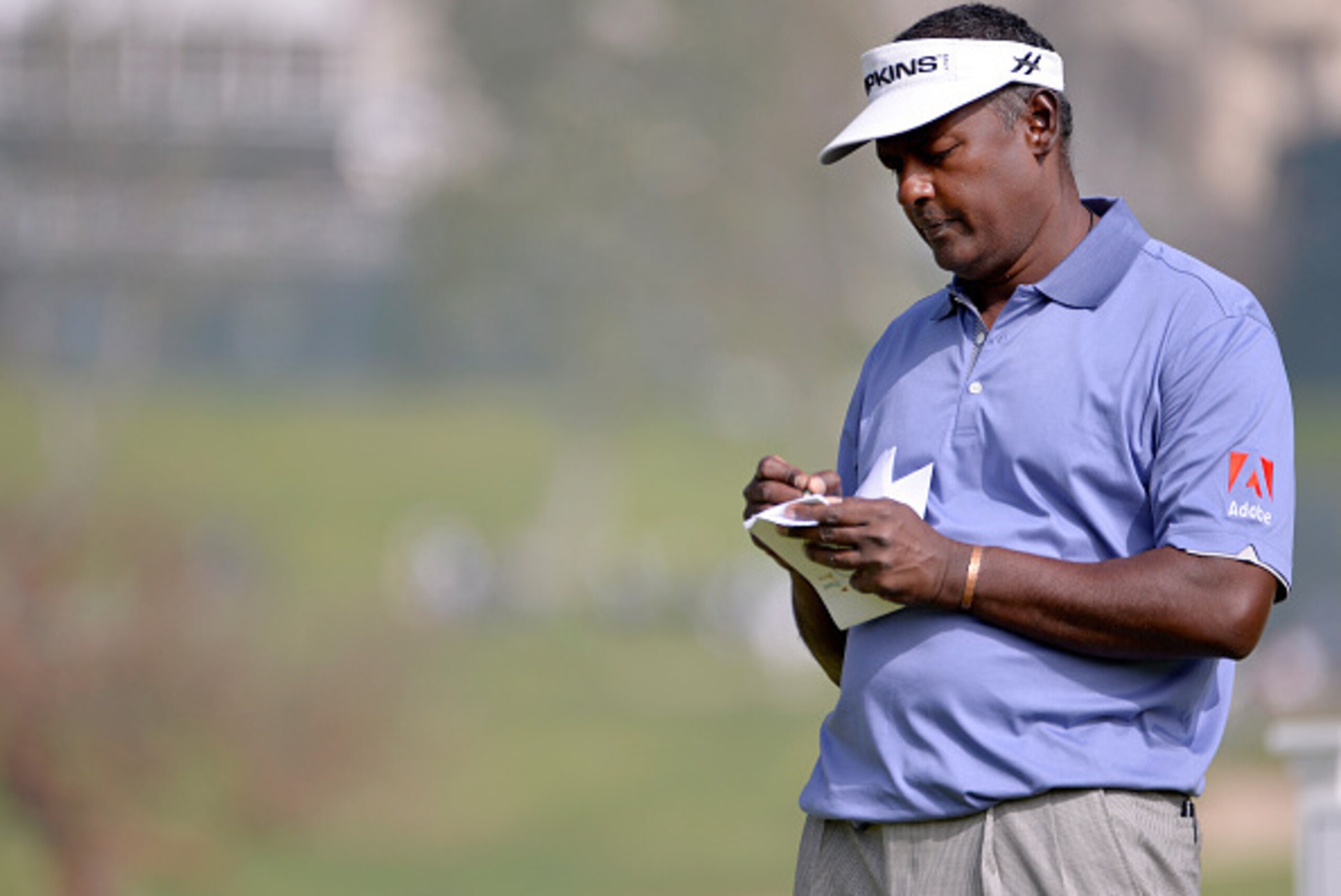 PACIFIC PALISADES, CA - FEBRUARY 19:  Vijay Singh of Fiji prepares to tee off on the 14th hole during round one of the Northern Trust Open at Riviera Country Club on February 19, 2015 in Pacific Palisades, California.  (Photo by JD Cuban/Getty Images)