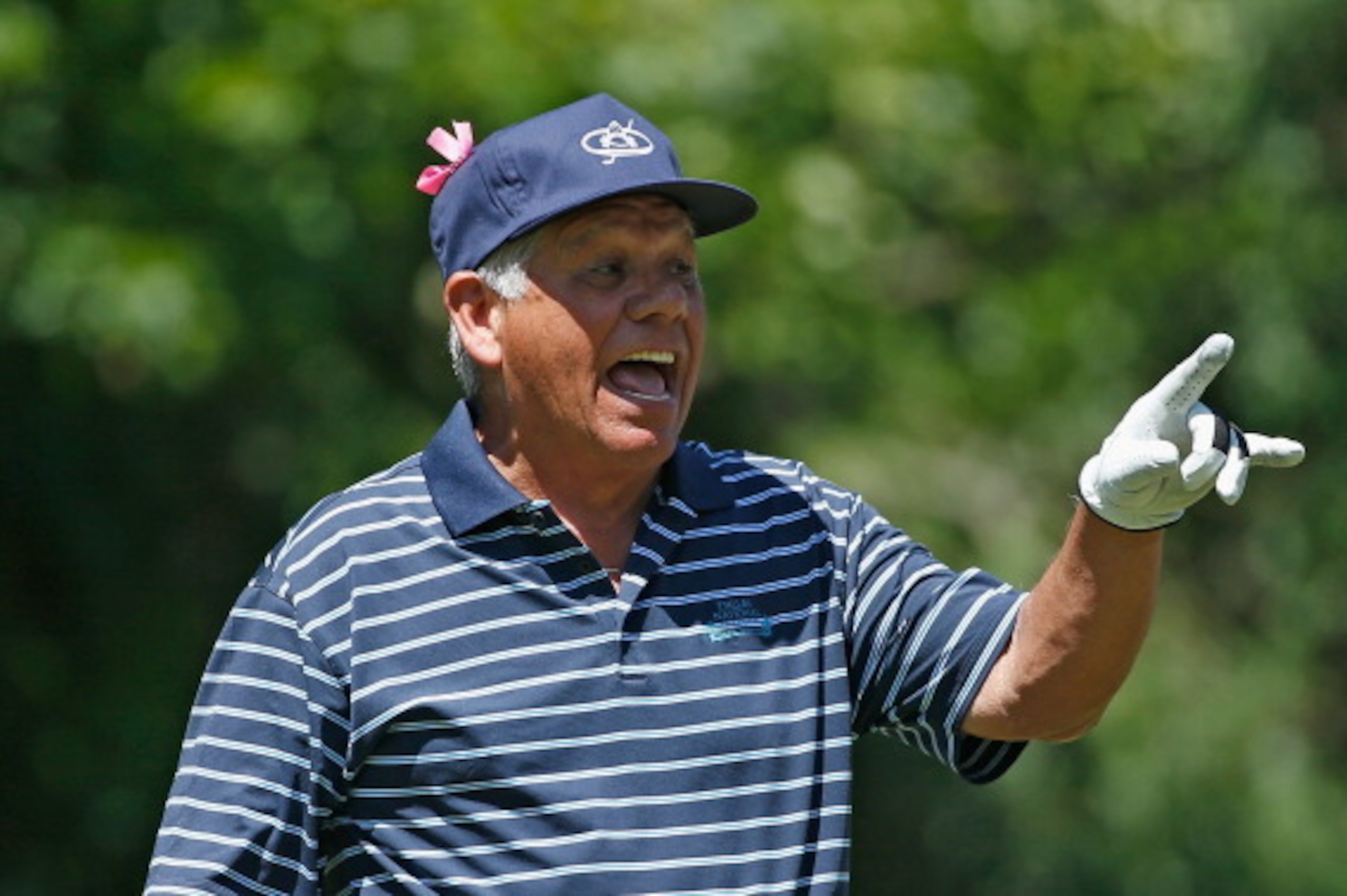 THE WOODLANDS, TX - MAY 03:  Lee Trevino jokes with the gallery during the 3M Greats of Golf at the Insperity Invitational on the Tournament Course at the Woodlands Country Club on May 3, 2014 in The Woodlands, Texas.  (Photo by Scott Halleran/Getty Image