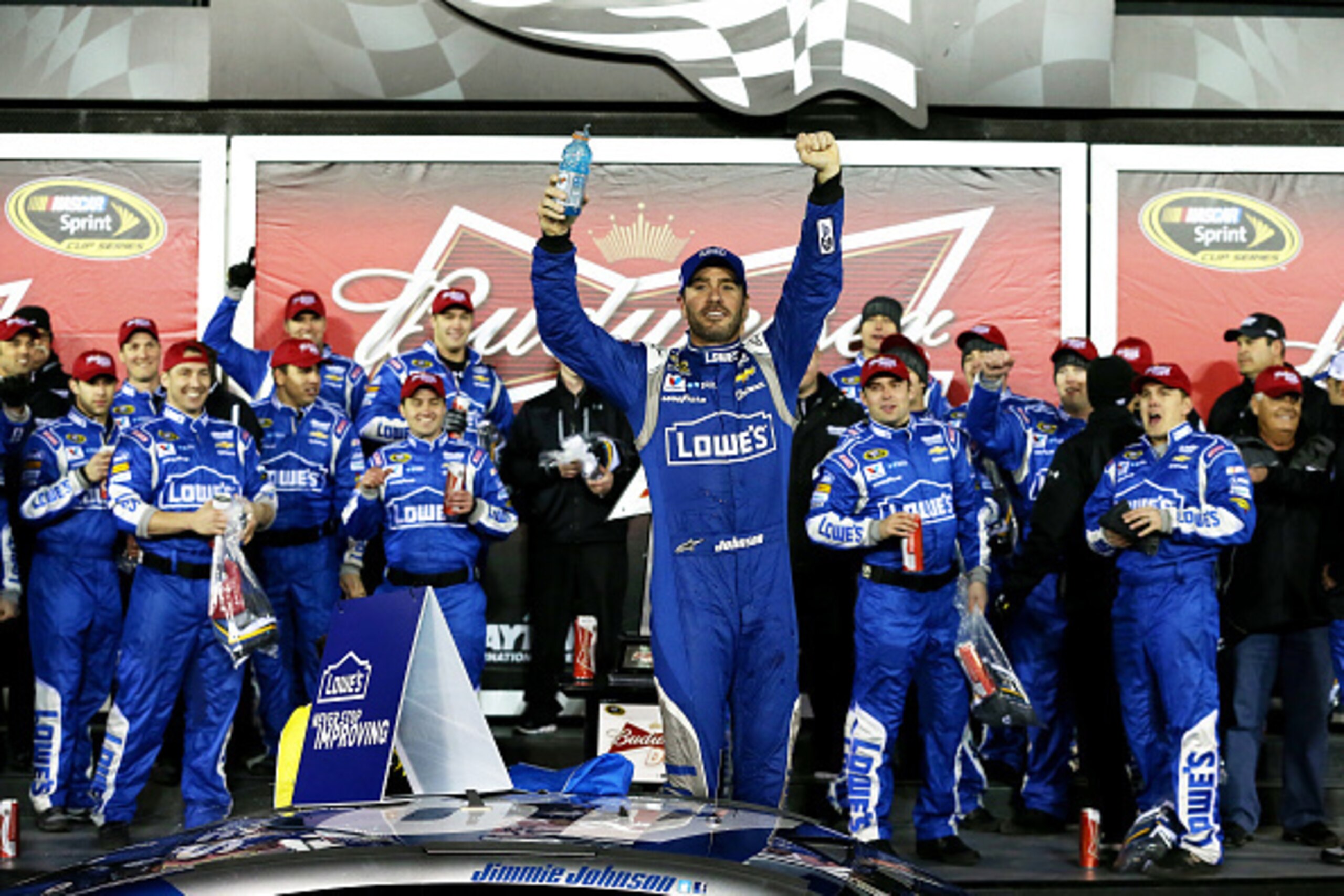 DAYTONA BEACH, FL - FEBRUARY 19: Jimmie Johnson, driver of the #48 Lowe's Chevrolet, celebrates in victory lane after winning the NASCAR Sprint Cup Series Budweiser Duel 2 at Daytona International Speedway on February 19, 2015 in Daytona Beach, Florida. DAYTONA BEACH, FL - FEBRUARY 19: Jimmie Johnson, driver of the #48 Lowe's Chevrolet, celebrates in victory lane after winning the NASCAR Sprint Cup Series Budweiser Duel 2 at Daytona International Speedway on February 19, 2015 in Daytona Beach, Florida.