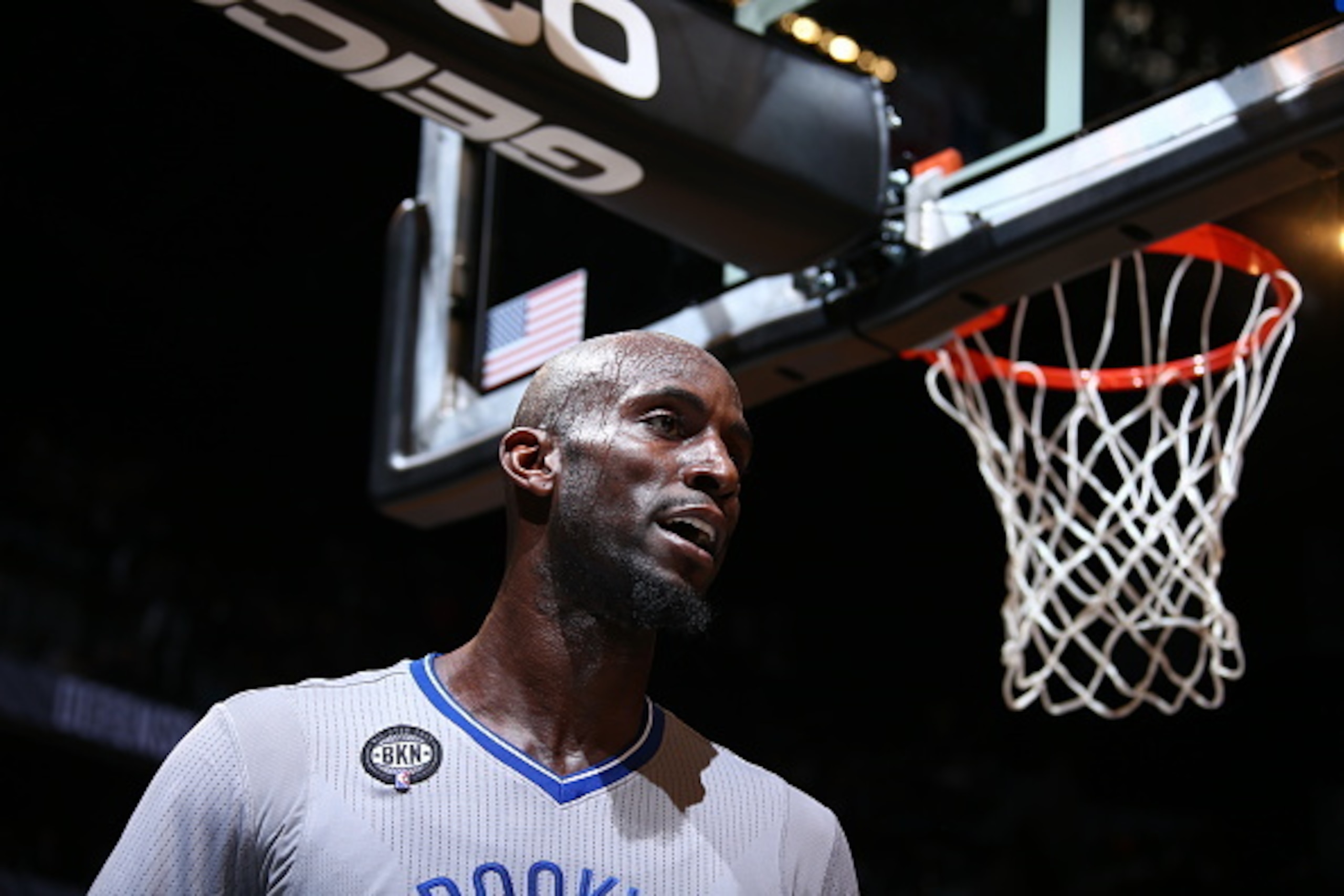 NEW YORK, NY - FEBRUARY 6:  Kevin Garnett #2 of the Brooklyn Nets during the game against the New York Knicks on February 6, 2015 at the Barclays Center in the Brooklyn borough of New York City. NOTE TO USER: User expressly acknowledges and agrees that, b