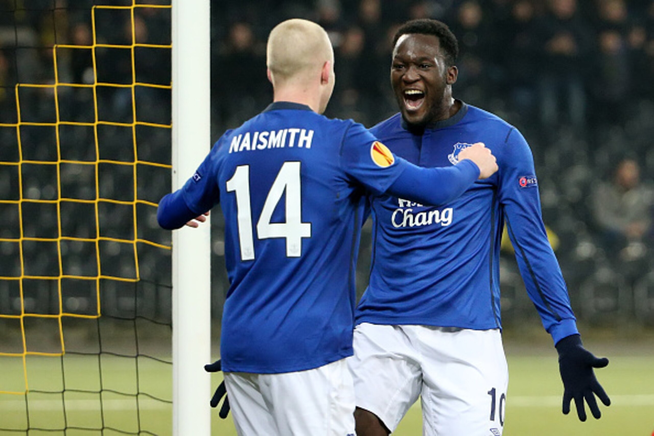 BERN, SWITZERLAND - FEBRUARY 19: Romelu Lukaku (R) of Everton FC celebrates the second goal with teammate Steven Naismith during the UEFA Europa League Round of 32 match between BSC Young Boys and Everton FC at Stade de Suisse, Wankdorf on February 19, 20 BERN, SWITZERLAND - FEBRUARY 19: Romelu Lukaku (R) of Everton FC celebrates the second goal with teammate Steven Naismith during the UEFA Europa League Round of 32 match between BSC Young Boys and Everton FC at Stade de Suisse, Wankdorf on February 19, 20