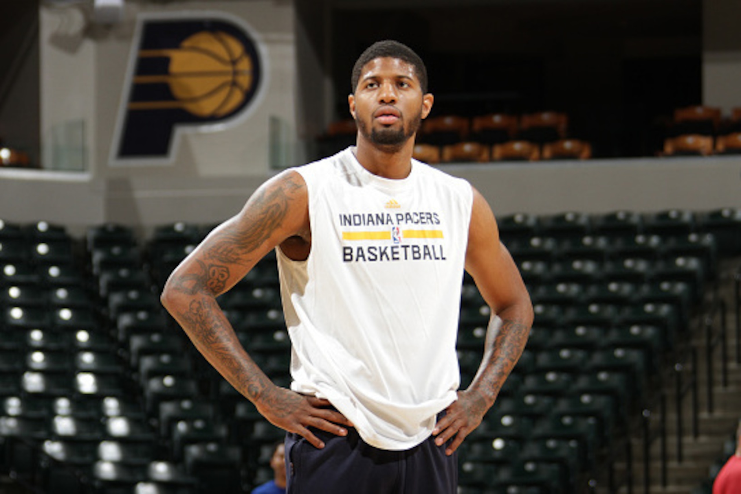 INDIANAPOLIS, IN - FEBRUARY 4:  Paul George #13 of the Indiana Pacers warms up before the game against the Detroit Pistons on February 4, 2015 at Bankers Life Fieldhouse in Indianapolis, Indiana. NOTE TO USER: User expressly acknowledges and agrees that, 