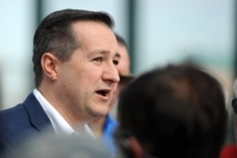 Feb 19, 2014; Mesa, AZ, USA; Chicago Cubs Chairman Tom Ricketts addresses the media during a workout at Cubs Park. Mandatory Credit: Joe Camporeale-USA TODAY Sports