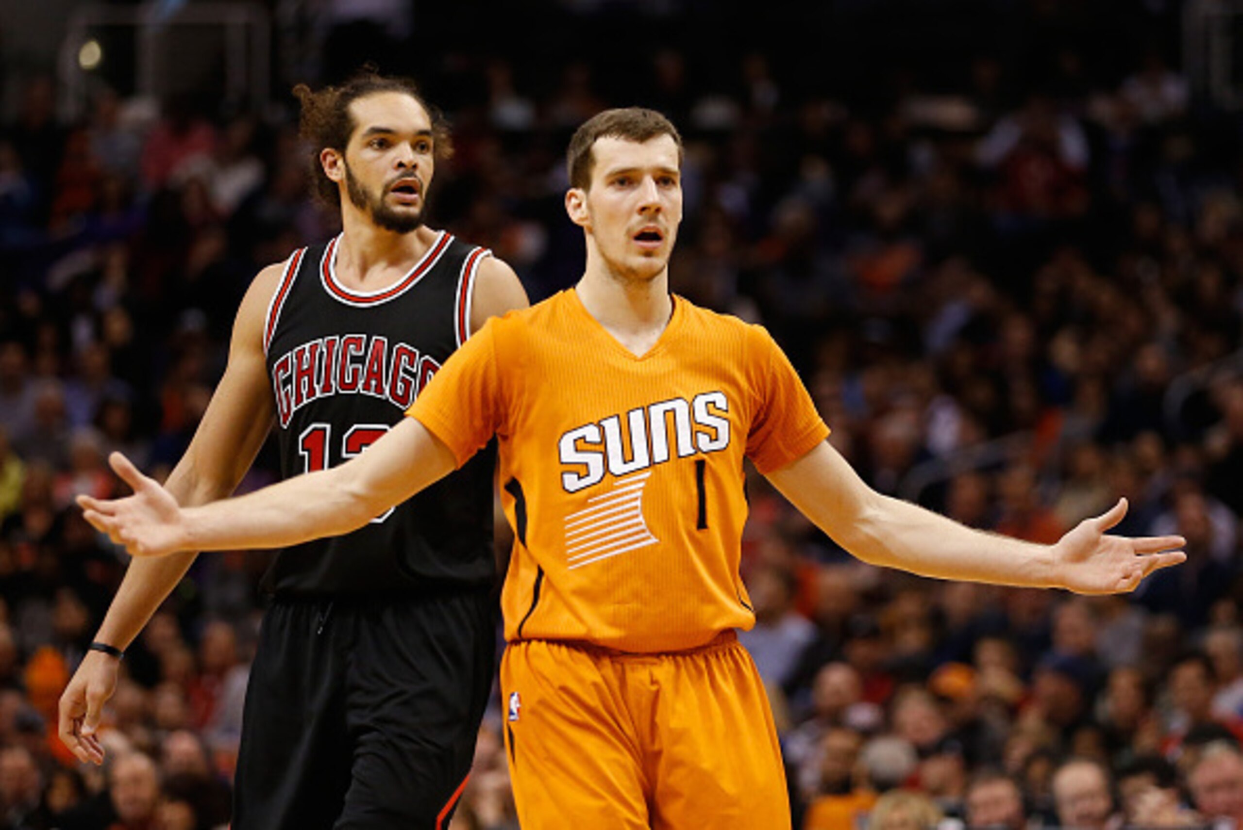 PHOENIX, AZ - JANUARY 30:  Goran Dragic #1 of the Phoenix Suns reacts during the NBA game against the Chicago Bulls at US Airways Center on January 30, 2015 in Phoenix, Arizona. The Suns defeated the Bulls 99-93.  NOTE TO USER: User expressly acknowledges