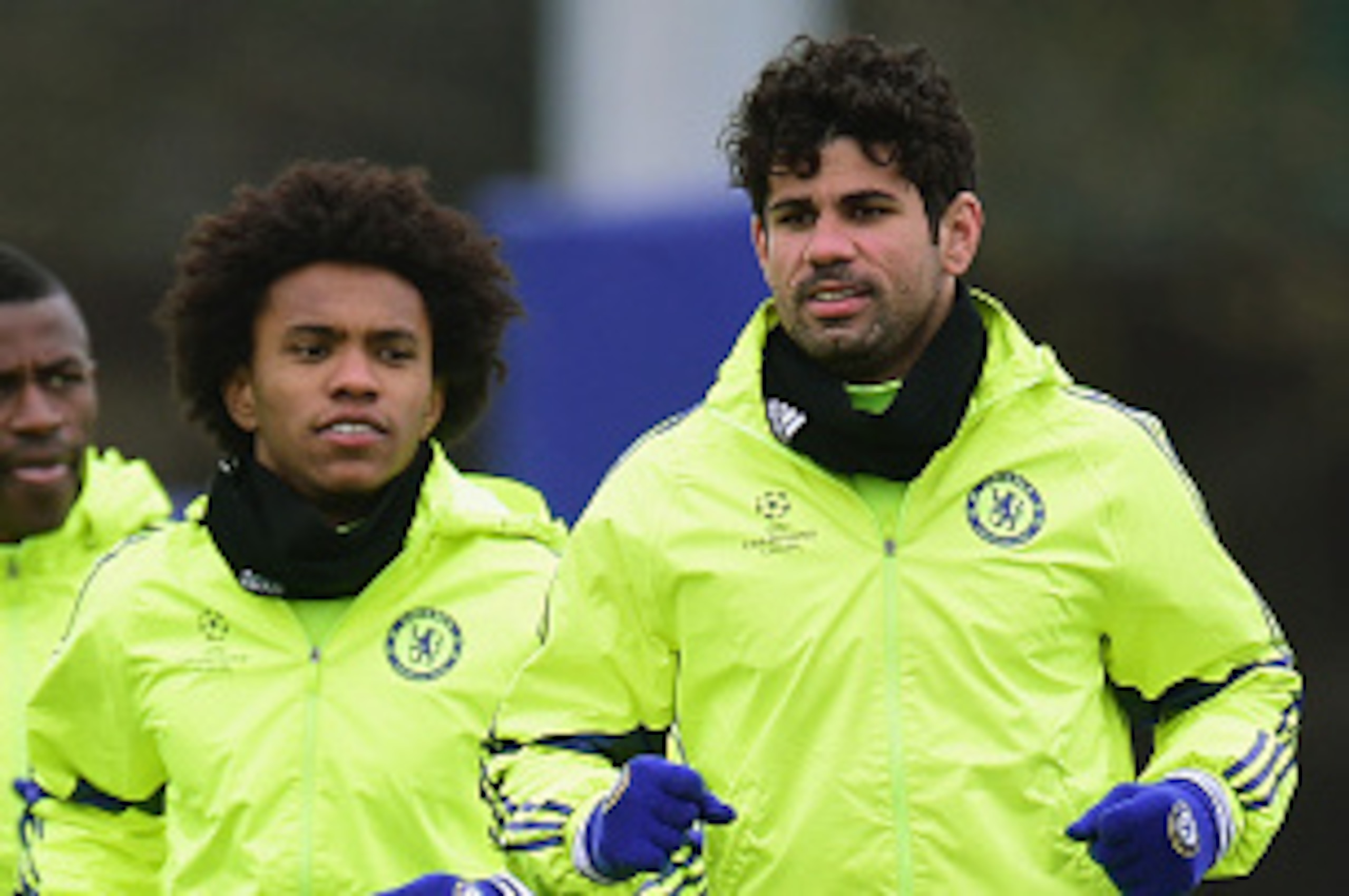 LONDON, ENGLAND - FEBRUARY 16:  Ramires, Willian and Diego Costa of Chelsea warm up during a Chelsea training session ahead of the UEFA Champions League round of 16 match against Paris Saint-Germain at Cobham Training Centre on February 16, 2015 in London