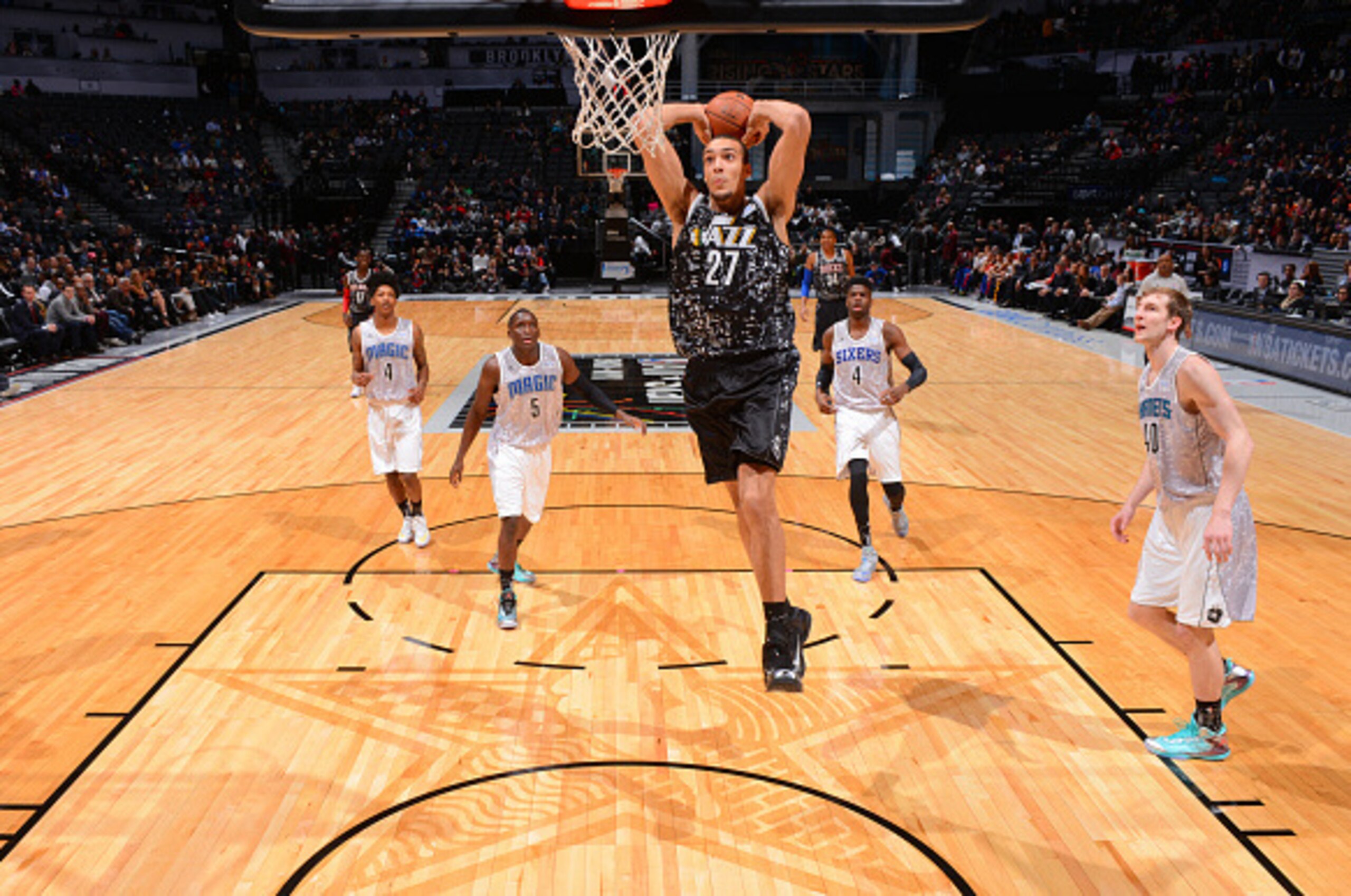 NEW YORK,NY - FEBRUARY 13: Rudy Gobert #27 of the Utah Jazz dunks the ball during the 2015 NBA All-Star Rookie Rising Stars Challenge at Barclays Center on February 13, 2015 in New York,New York NOTE TO USER: User expressly acknowledges and agrees that, NEW YORK,NY - FEBRUARY 13: Rudy Gobert #27 of the Utah Jazz dunks the ball during the 2015 NBA All-Star Rookie Rising Stars Challenge at Barclays Center on February 13, 2015 in New York,New York NOTE TO USER: User expressly acknowledges and agrees that,