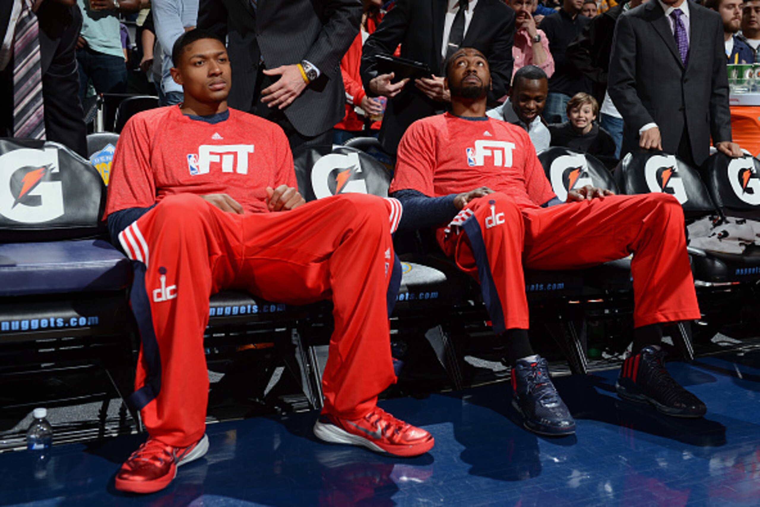 DENVER, CO - JANUARY 25: Bradley Beal #3 and John Wall #2 of the Washington Wizards on the bench during the game against the Denver Nuggets on January 25, 2015 at the Pepsi Center in Denver, Colorado. NOTE TO USER: User expressly acknowledges and agrees t