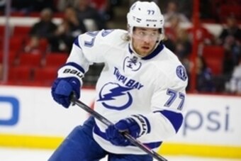 Jan 27, 2015; Raleigh, NC, USA; Tampa Bay Lightning defensemen Victor Hedman (77) skates against the Carolina Hurricanes at PNC Arena. Mandatory Credit: James Guillory-USA TODAY Sports