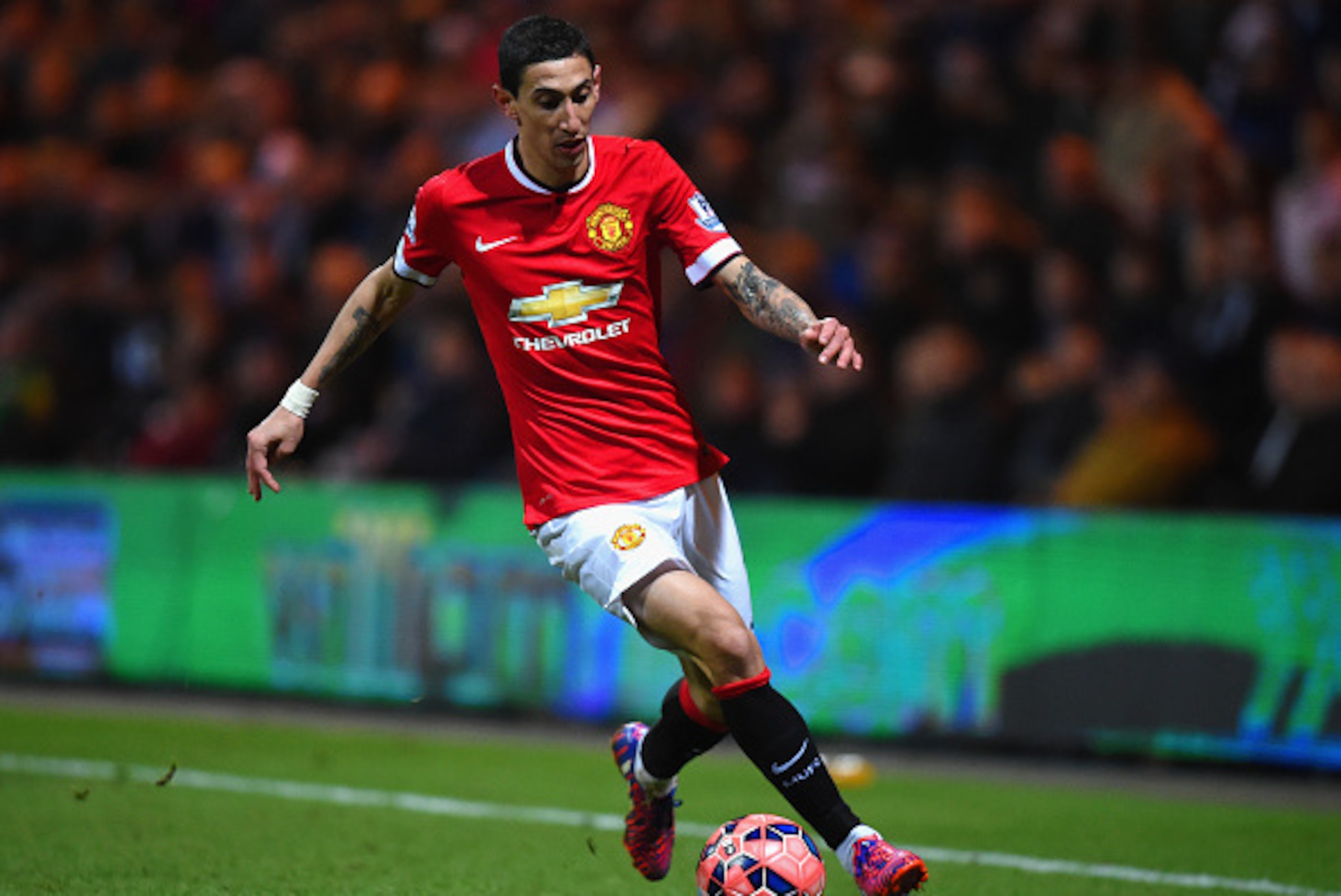 PRESTON, ENGLAND - FEBRUARY 16: Angel di Maria of Manchester United on the ball during the FA Cup Fifth round match between Preston North End and Manchester United at Deepdale on February 16, 2015 in Preston, England  (Photo by Michael Regan/Getty Images)
