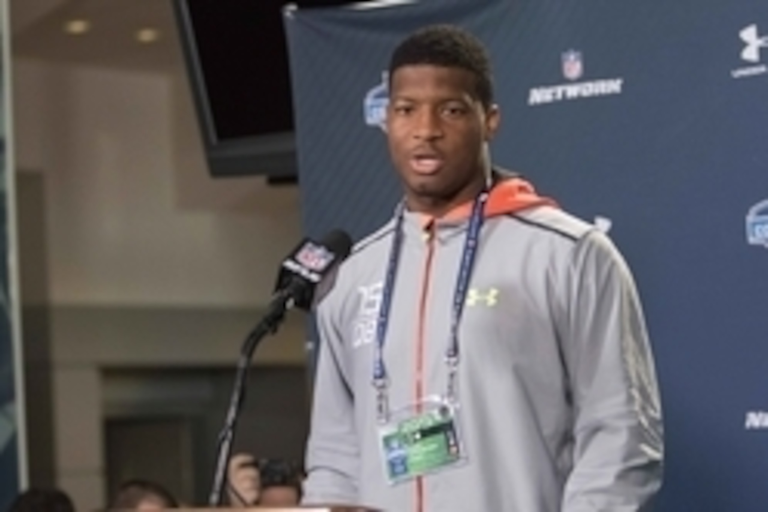 Feb 20, 2015; Indianapolis, IN, USA; Florida State quarterback Jameis Winston speaks to the media at the 2015 NFL Combine at Lucas Oil Stadium. Mandatory Credit: Trevor Ruszkowski-USA TODAY Sports