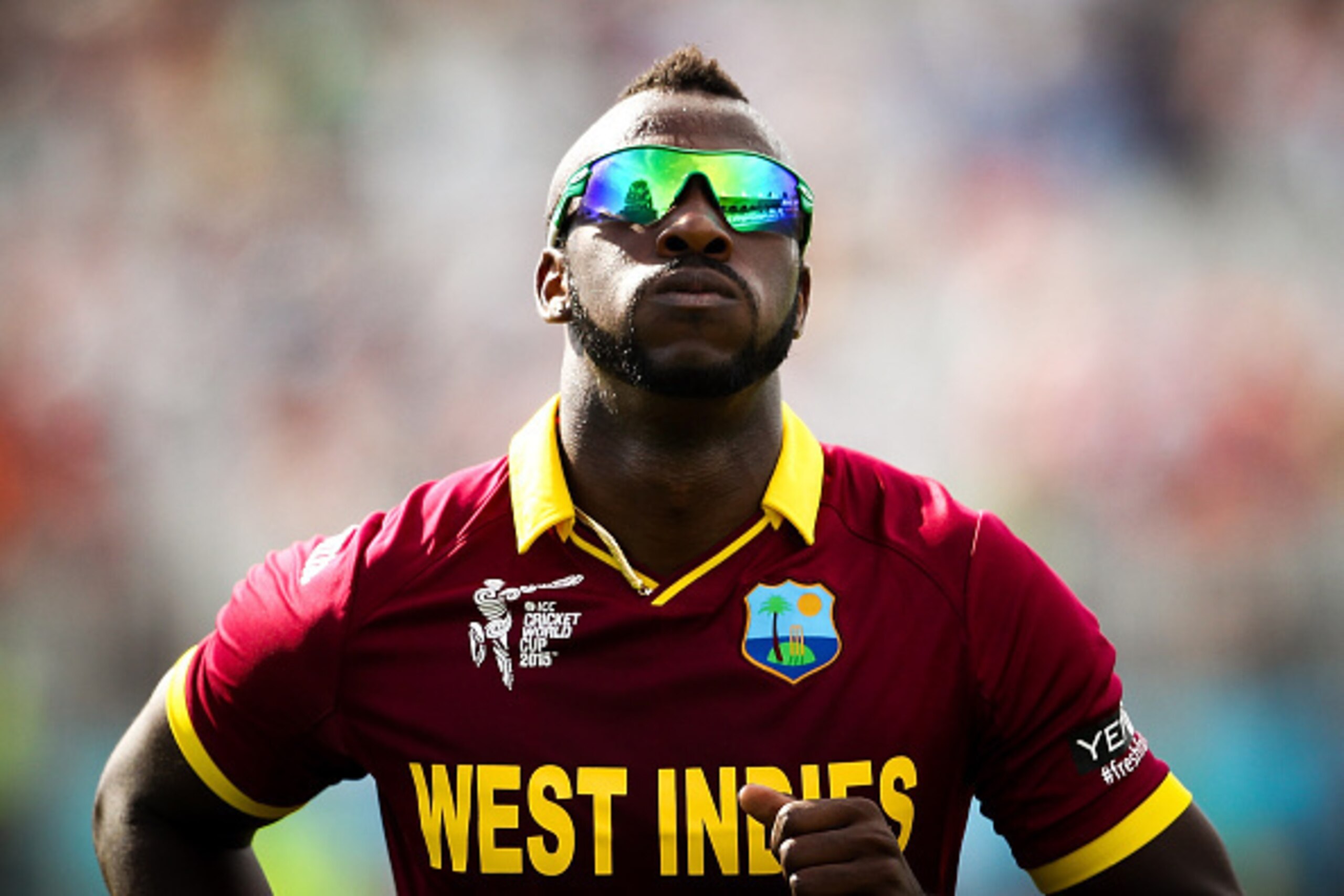 CHRISTCHURCH, NEW ZEALAND - FEBRUARY 21:  Andre Russell of West Indies looks on during the 2015 ICC Cricket World Cup match between Pakistan and the West Indies at Hagley Oval on February 21, 2015 in Christchurch, New Zealand.  (Photo by Martin Hunter/Get