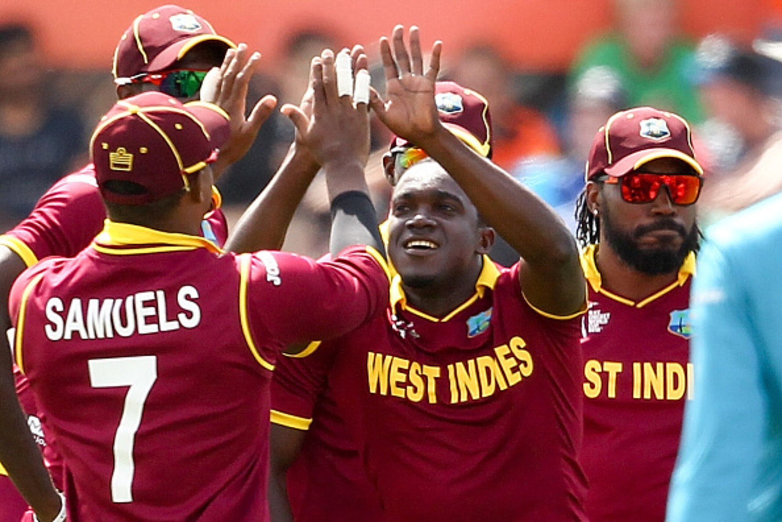 CHRISTCHURCH, NEW ZEALAND - FEBRUARY 21:  Jerome Taylor of West Indies celebrates with team mates during the 2015 ICC Cricket World Cup match between Pakistan and the West Indies at Hagley Oval on February 21, 2015 in Christchurch, New Zealand.  (Photo by