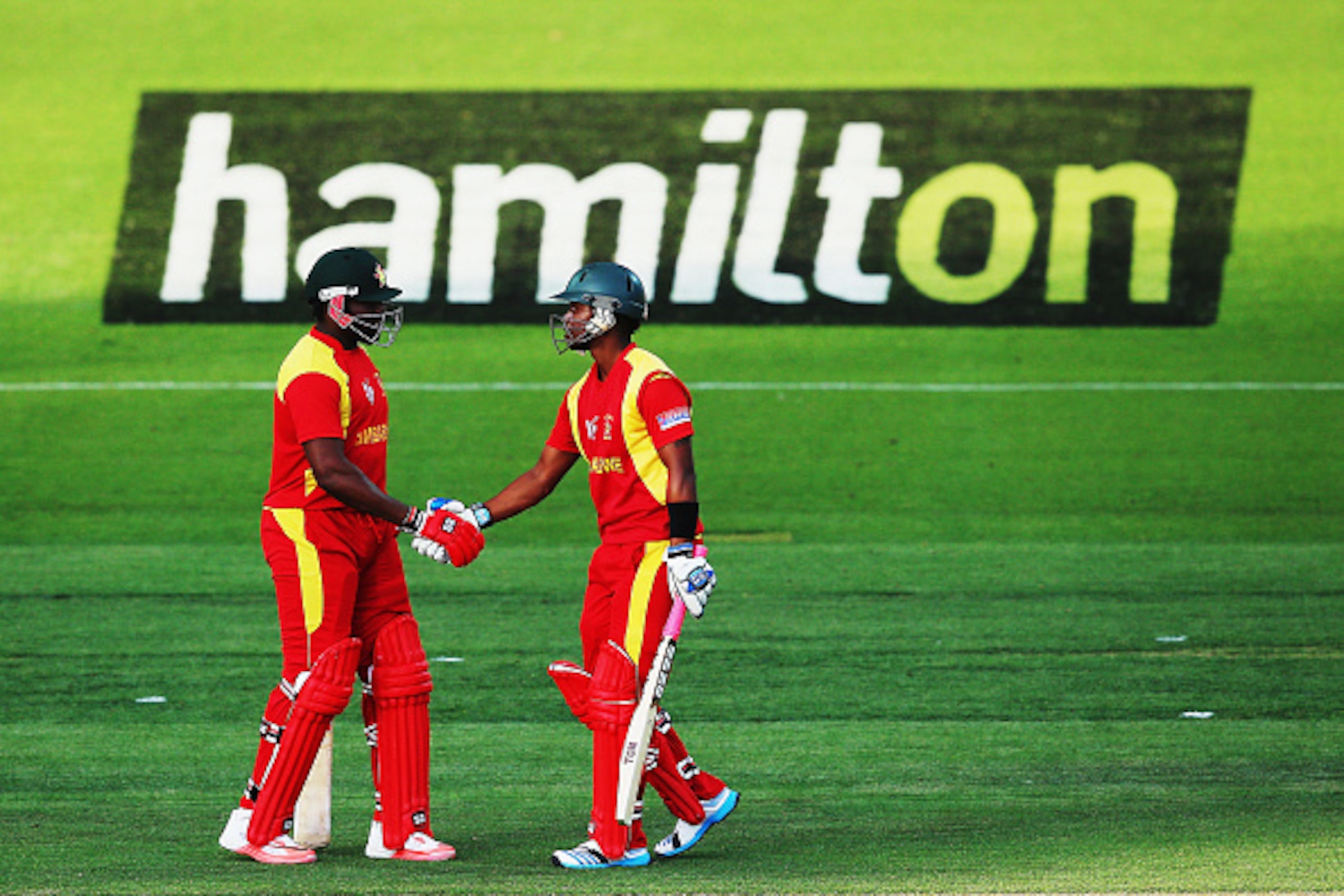 HAMILTON, NEW ZEALAND - FEBRUARY 15: Hamilton Masakadza of Zimbabwe congratulates Chamu Chibhabha of Zimbabwe after scoring fifty runs during the 2015 ICC Cricket World Cup match between South Africa and Zimbabwe at Seddon Park on February 15, 2015 in Ham
