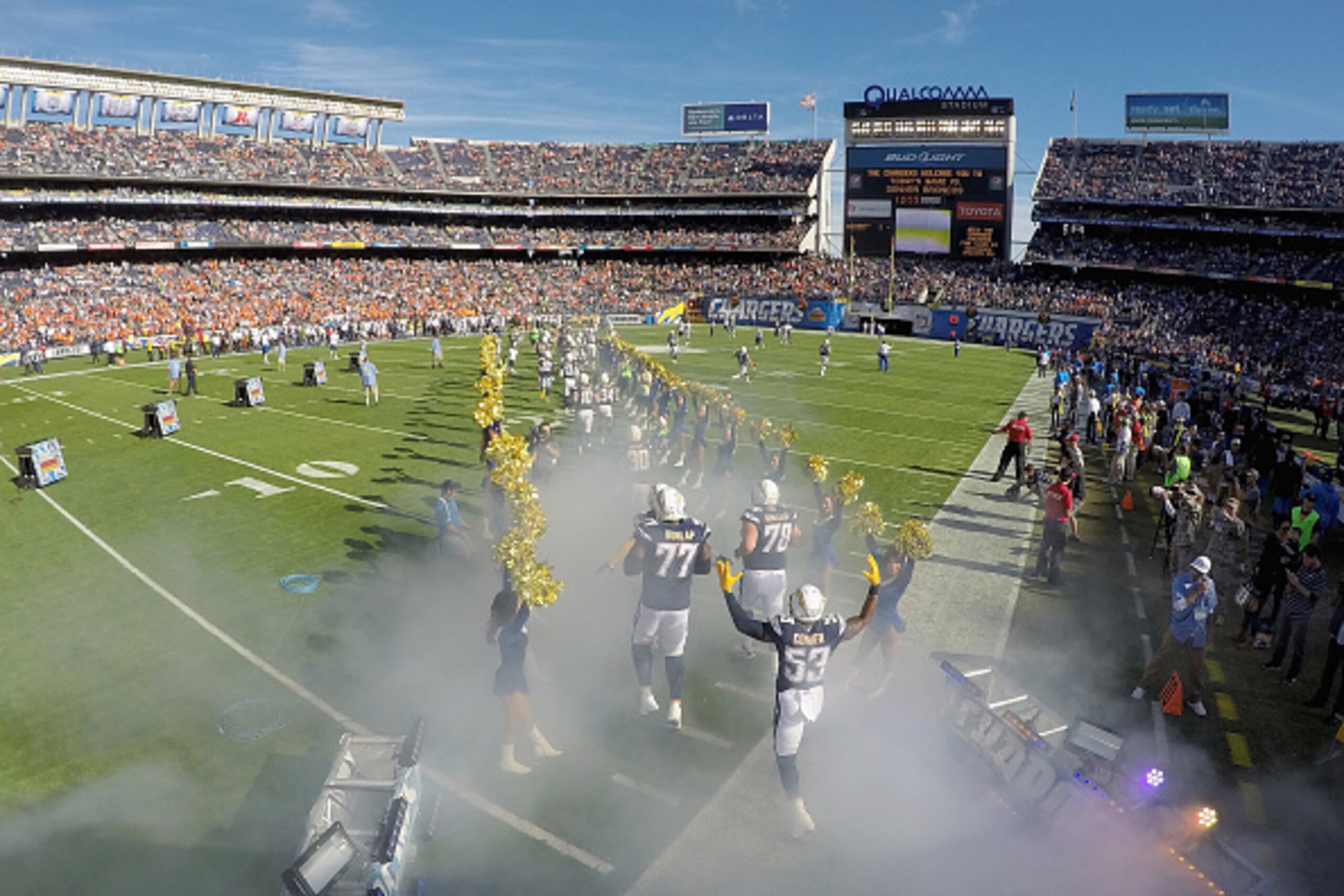 SAN DIEGO, CA - DECEMBER 14:  The San Diego Chargers are introduced before playing the Denver Broncos at Qualcomm Stadium on December 14, 2014 in San Diego, California.  (Photo by Donald Miralle/Getty Images)