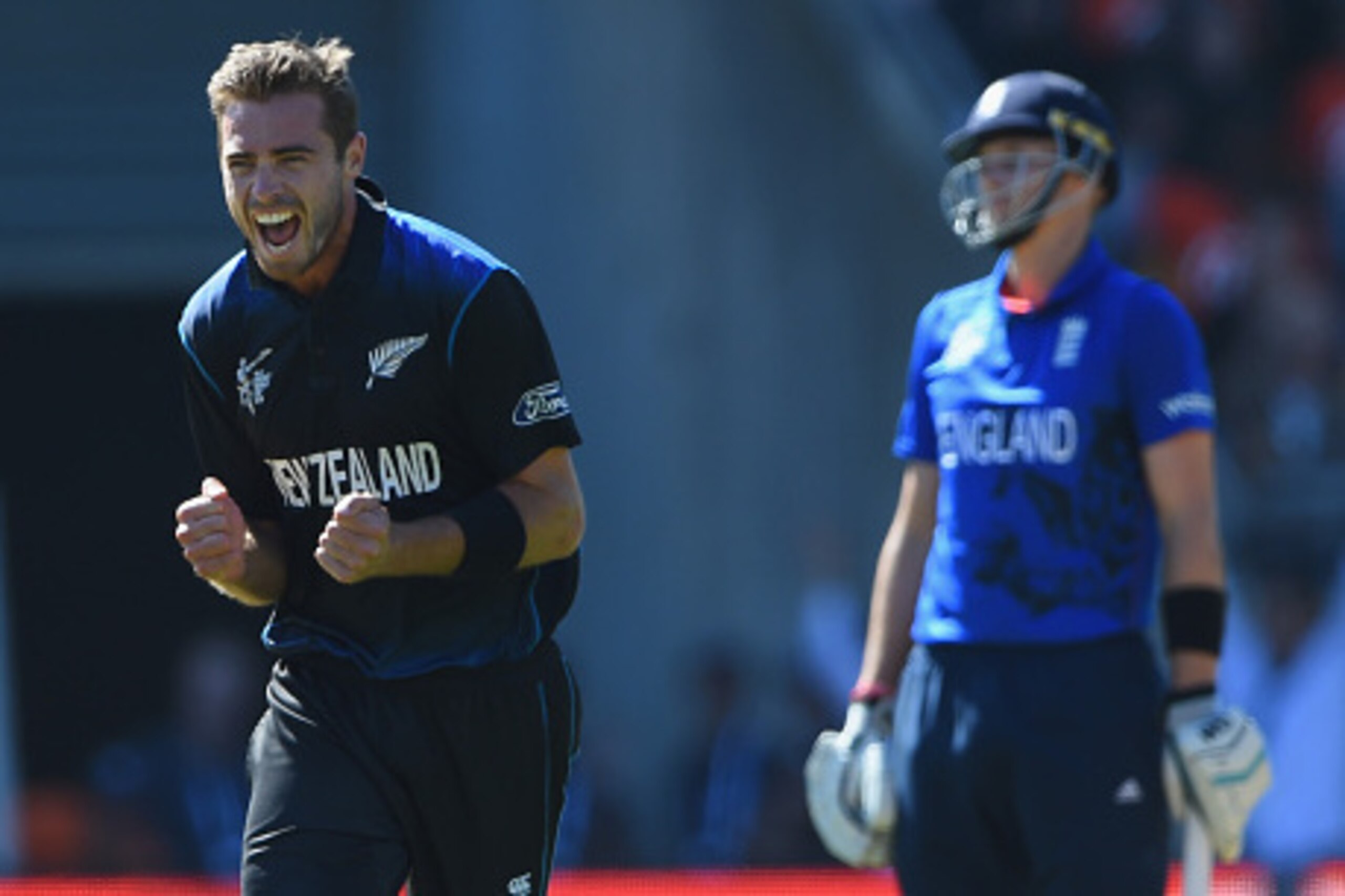 WELLINGTON, NEW ZEALAND - FEBRUARY 20:  Tim Southee of New Zealand celebrates after taking the wicket of Chris Woakes of England during the 2015 ICC Cricket World Cup match between England and New Zealand at Wellington Regional Stadium on February 20, 201