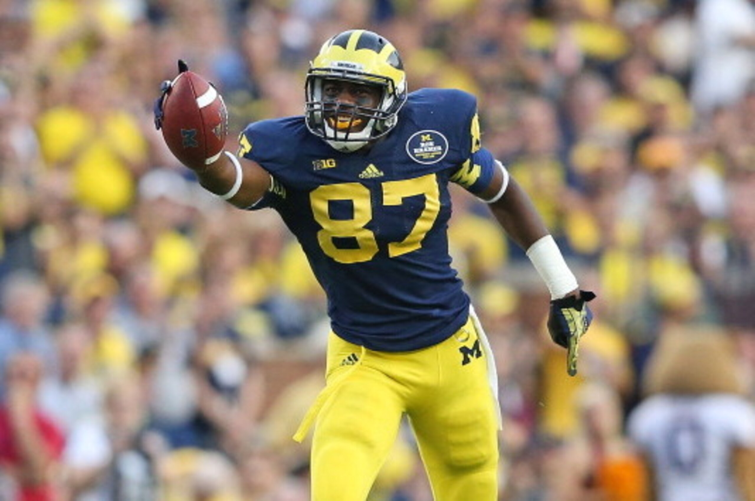 ANN ARBOR, MI - OCTOBER 05: Devin Funchess #87 of the Michigan Wolverines celebrates after catching a  46 yard pass during the fourth quarter of the game against the Minnesota Golden Gophers at Michigan Stadium on October 5, 2013 in Ann Arbor, Michigan. M