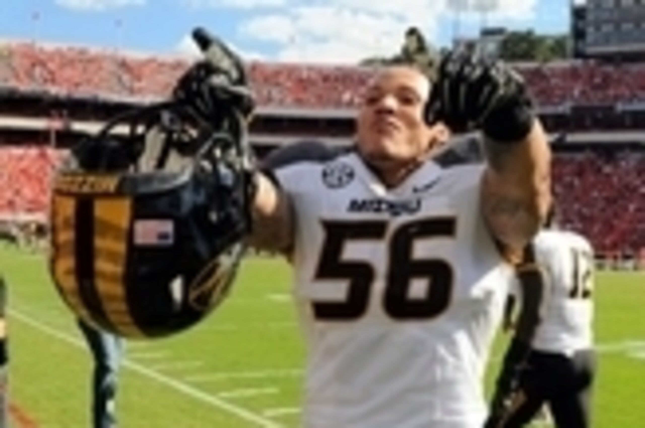 Oct 12, 2013; Athens, GA, USA; Missouri Tigers defensive lineman Shane Ray (56) reacts after his team defeated the Georgia Bulldogs at Sanford Stadium. Missouri defeated Georgia 41-26. Mandatory Credit: Dale Zanine-USA TODAY Sports