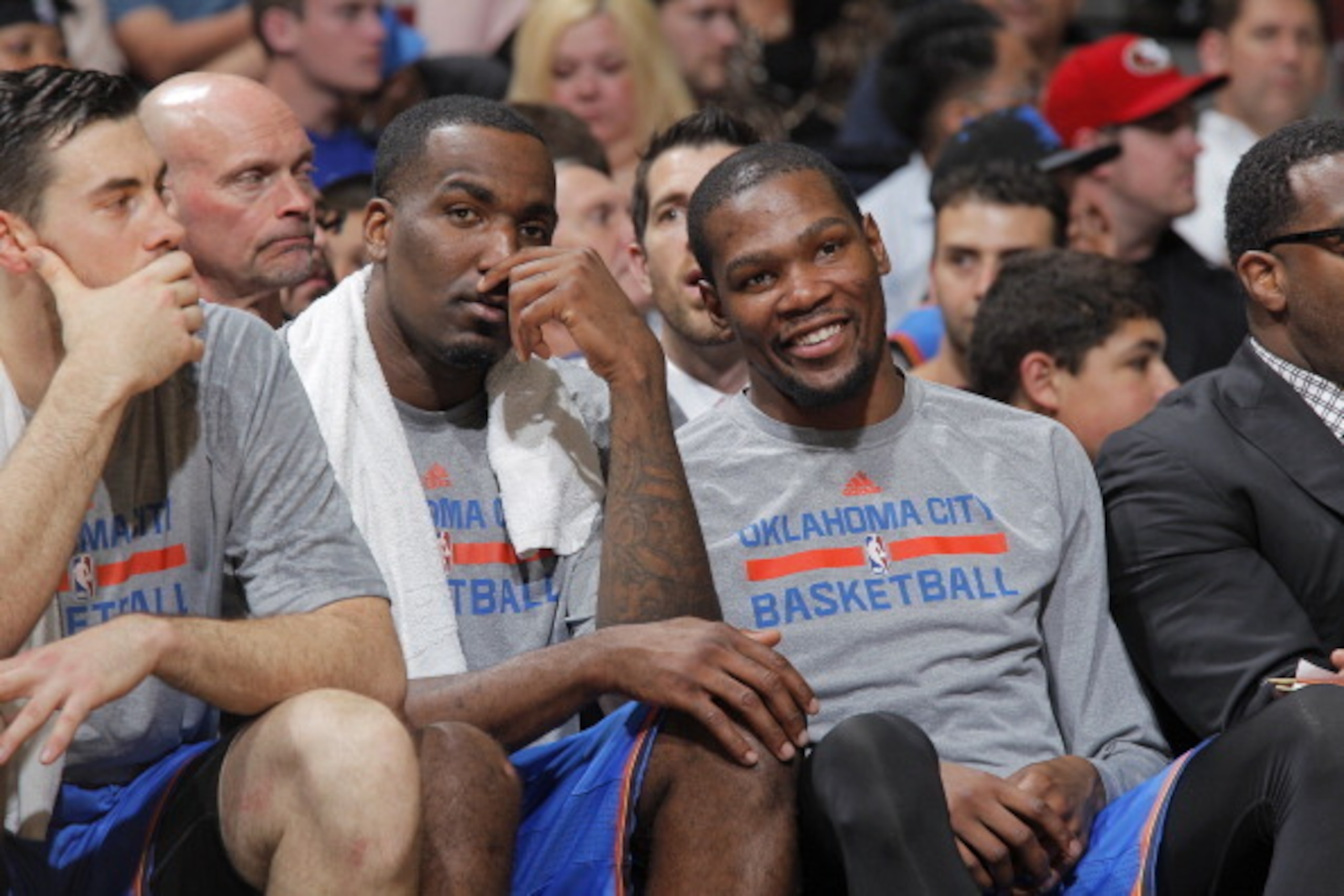 SACRAMENTO, CA - APRIL 8: Kendrick Perkins #5 and Kevin Durant #35 of the Oklahoma City Thunder in a game against the Sacramento Kings on April 8, 2014 at Sleep Train Arena in Sacramento, California. NOTE TO USER: User expressly acknowledges and agrees th