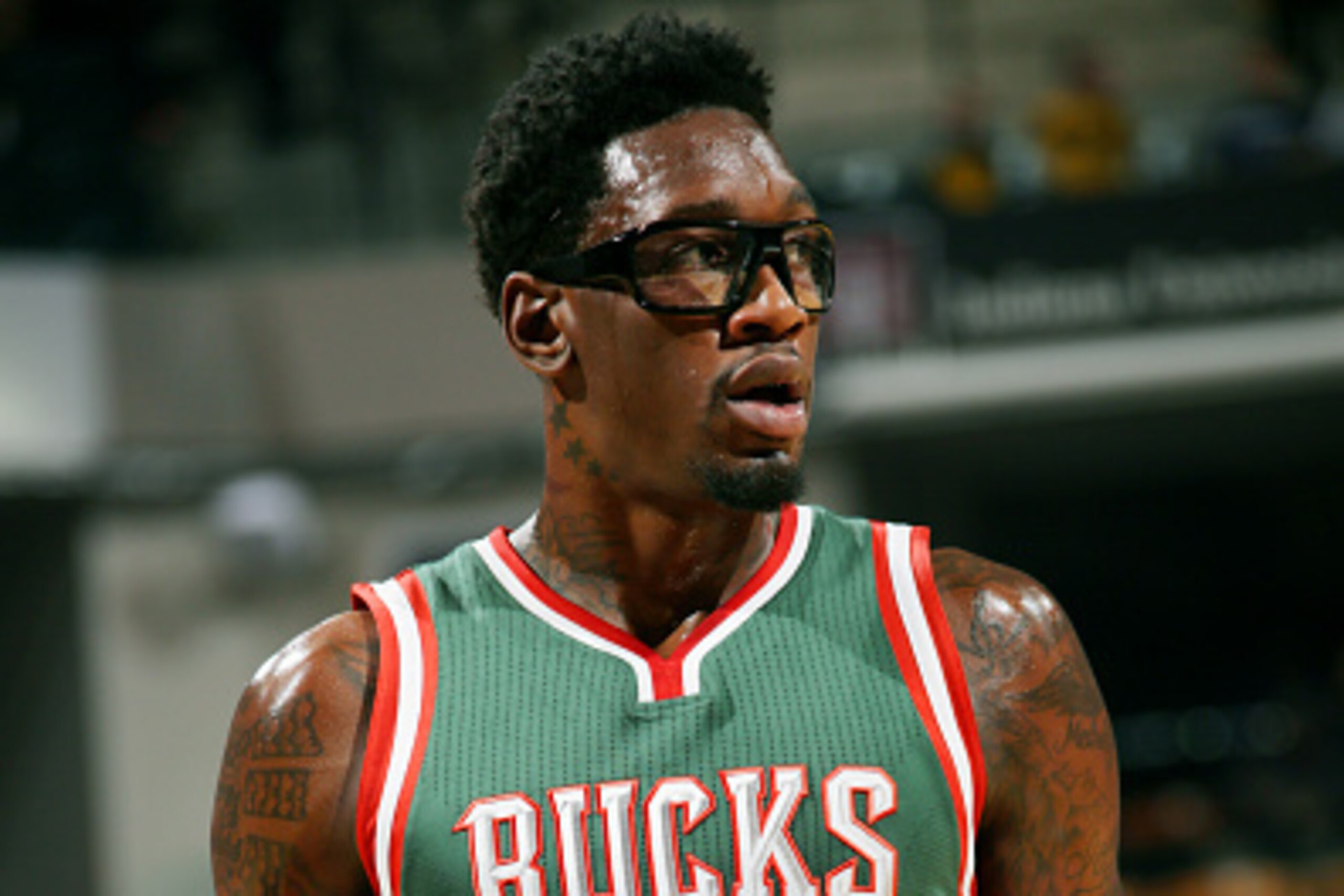 INDIANAPOLIS, IN - NOVEMBER 4: Larry Sanders #8 of the Milwaukee Bucks stands on the court during a game against the Indiana Pacers at Bankers Life Fieldhouse on November 4, 2014 in Indianapolis, Indiana. NOTE TO USER: User expressly acknowledges and agre