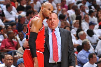ATLANTA ,GA - MAY 12:  Chicago Bulls head coach Tom Thibodeau speaks to Taj Gibson #22 during a break in the action against the Atlanta Hawks during Game Six of the Eastern Conference Semifinals in the 2011 NBA Playoffs on May 12, 2011 at Phillips Arena i