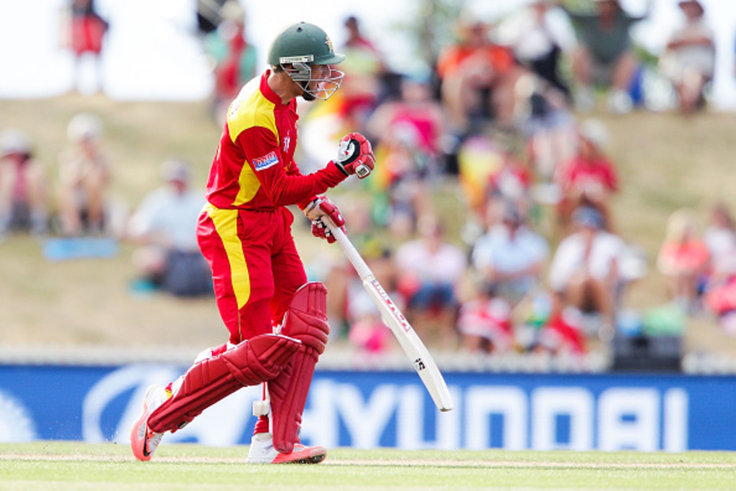 NELSON, NEW ZEALAND - FEBRUARY 19:  Sean Williams of Zimbabwe celebrates after scoring the final runs to win the 2015 ICC Cricket World Cup match between Zimbabwe and the United Arab Emirates at Saxton Field on February 19, 2015 in Nelson, New Zealand.  (