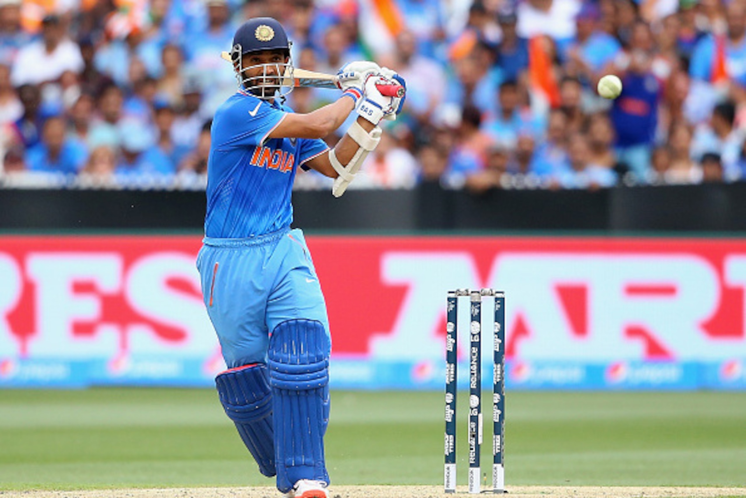 MELBOURNE, AUSTRALIA - FEBRUARY 22:  Ajinkya Rahane of India bats during the 2015 ICC Cricket World Cup match between South Africa and India at Melbourne Cricket Ground on February 22, 2015 in Melbourne, Australia.  (Photo by Quinn Rooney/Getty Images)