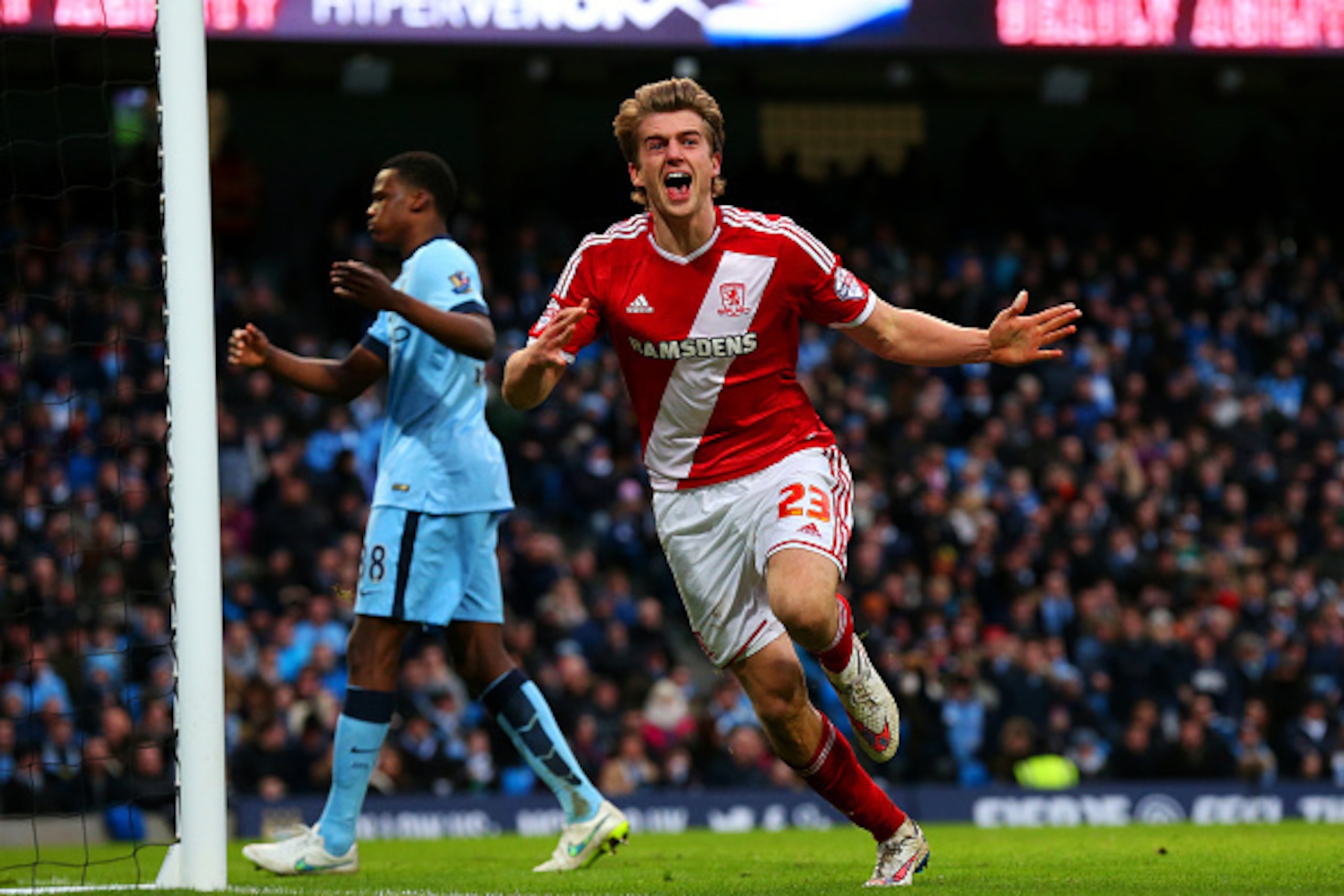 MANCHESTER, ENGLAND - JANUARY 24:  Patrick Bamford of Middlesbrough celebrates after scoring the opening goal during the FA Cup Fourth Round match between Manchester City and Middlesbrough at Etihad Stadium on January 24, 2015 in Manchester, England.  (Ph