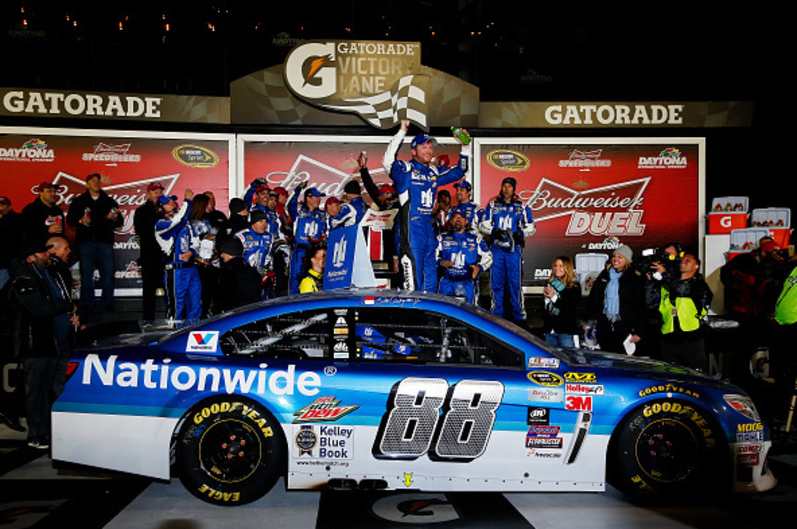 DAYTONA BEACH, FL - FEBRUARY 19:  Dale Earnhardt Jr., driver of the #88 Nationwide Chevrolet, celebrates in victory lane after winning the NASCAR Sprint Cup Series Budweiser Duel 1 at Daytona International Speedway on February 19, 2015 in Daytona Beach, F