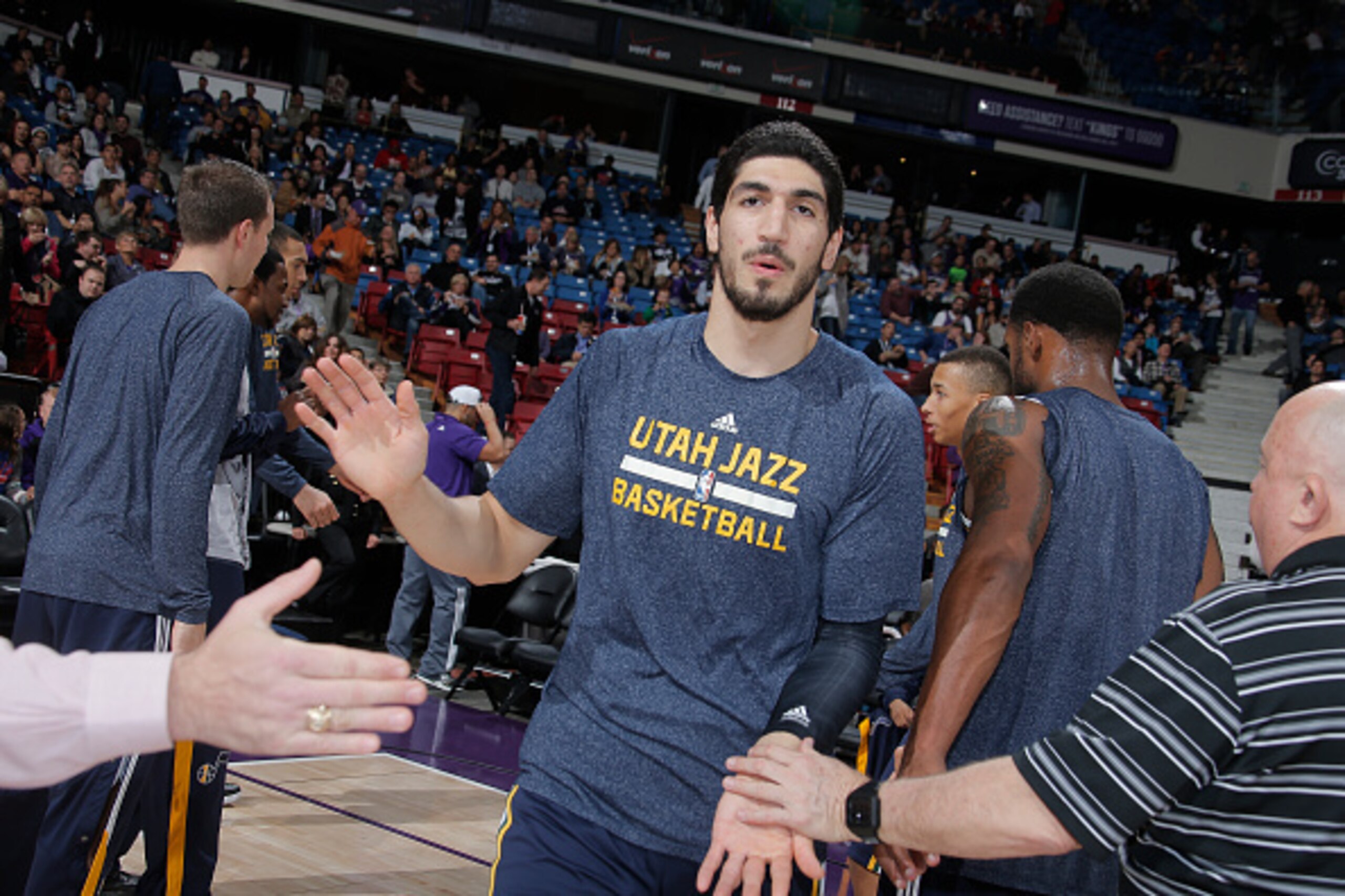 SACRAMENTO, CA - DECEMBER 8: Enes Kanter #0 of the Utah Jazz gets introduced into the starting lineup against the Sacramento Kings on December 8, 2014 at Sleep Train Arena in Sacramento, California. NOTE TO USER: User expressly acknowledges and agrees tha