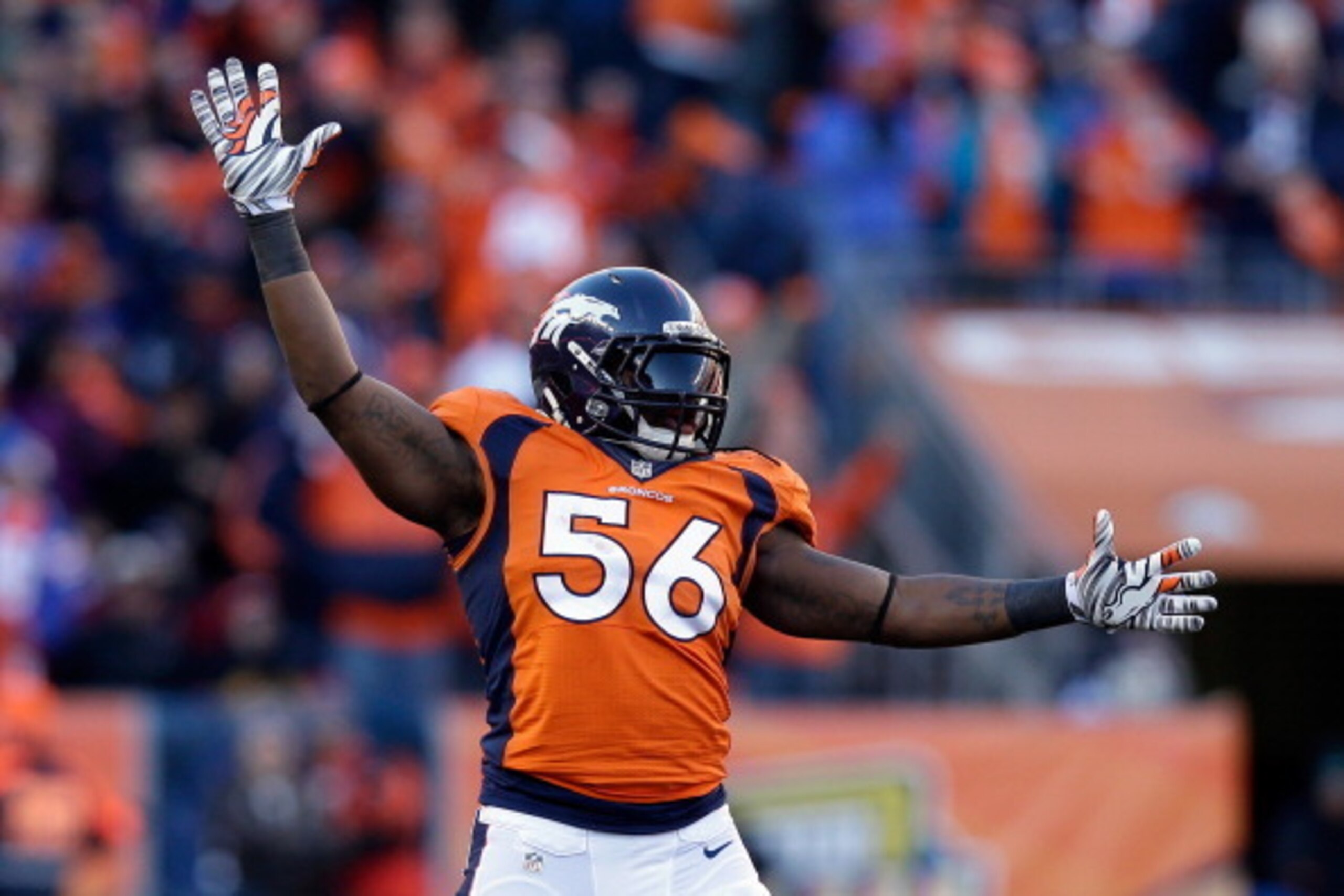 DENVER, CO - JANUARY 12:  Nate Irving #56 of the Denver Broncos celebrates after a missed field goal by the San Diego Chargers during the AFC Divisional Playoff Game at Sports Authority Field at Mile High on January 12, 2014 in Denver, Colorado.  (Photo b