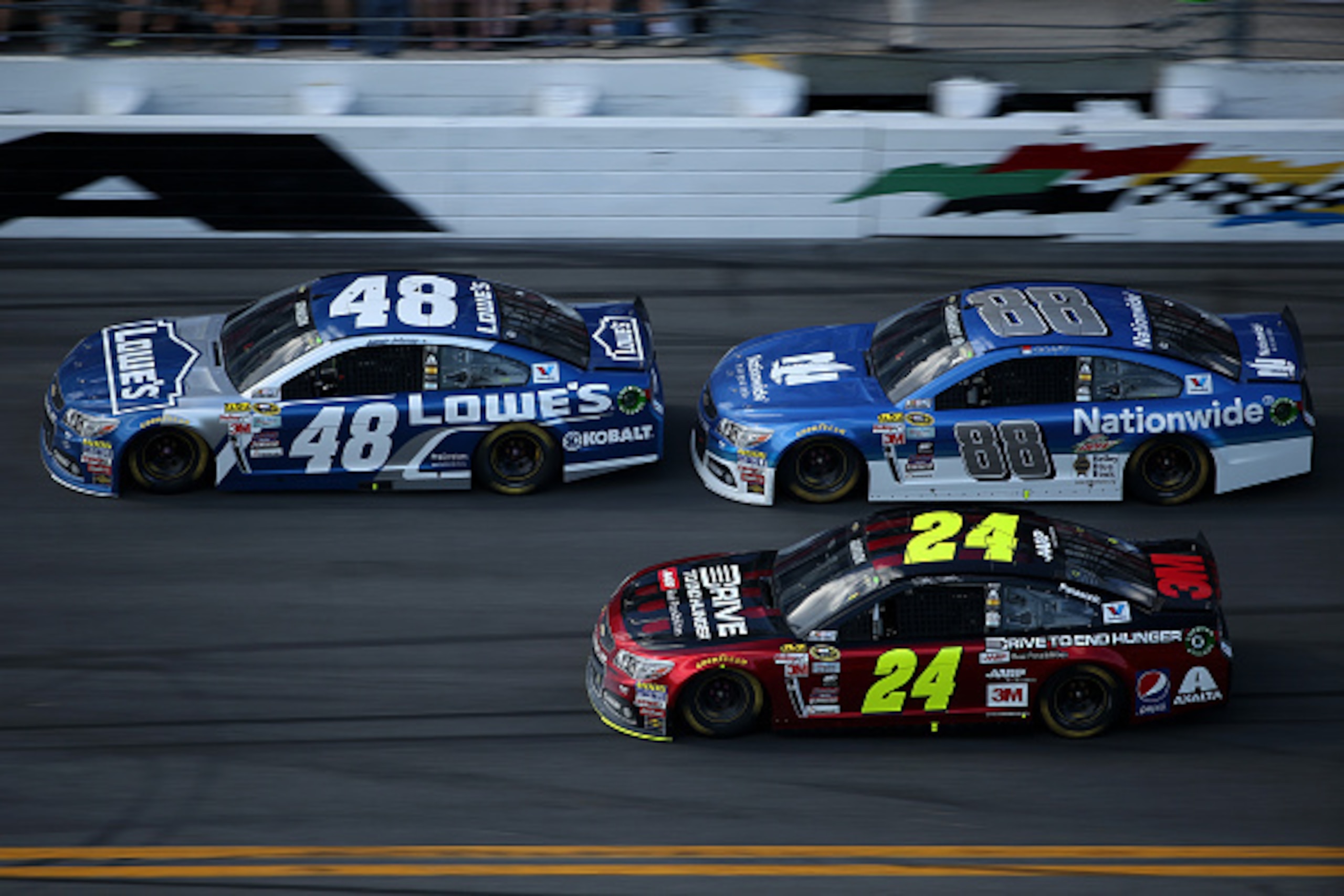 DAYTONA BEACH, FL - FEBRUARY 22: Jimmie Johnson, driver of the #48 Lowe's Chevrolet, leads Jeff Gordon, driver of the #24 Drive To End Hunger Chevrolet, and Dale Earnhardt Jr., driver of the #88 Nationwide Chevrolet, during the NASCAR Sprint Cup Series 5 DAYTONA BEACH, FL - FEBRUARY 22: Jimmie Johnson, driver of the #48 Lowe's Chevrolet, leads Jeff Gordon, driver of the #24 Drive To End Hunger Chevrolet, and Dale Earnhardt Jr., driver of the #88 Nationwide Chevrolet, during the NASCAR Sprint Cup Series 5