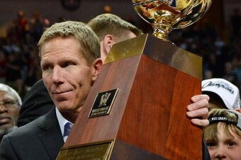 LAS VEGAS, NV - MARCH 11:  Head coach Mark Few of the Gonzaga Bulldogs holds the trophy after winning the championship game of the West Coast Conference Basketball tournament 75-64 over the Brigham Young Cougars at the Orleans Arena on March 11, 2014 in L