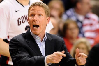 Feb 14, 2015; Spokane, WA, USA; Gonzaga Bulldogs head coach Mark Few reacts after a play during a game against the Pepperdine Waves during the second half at McCarthey Athletic Center. The Bulldogs won 56-48. Mandatory Credit: James Snook-USA TODAY Sports