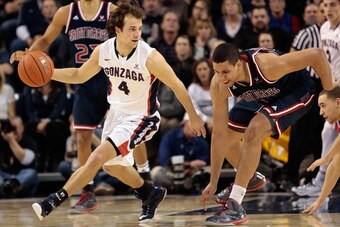 SPOKANE, WA - JANUARY 22:  Kevin Pangos #4 of the Gonzaga Bulldogs controls the ball against Brad Waldow #00 of the St. Mary's Gaels in the second half at McCarthey Athletic Center on January 22, 2015 in Spokane, Washington. Gonzaga defeated St. Mary's 68
