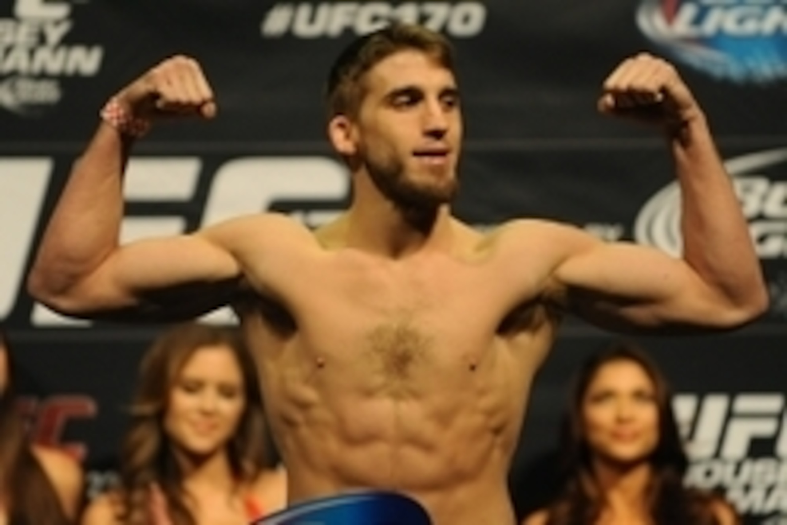 Feb 21, 2014; Las Vegas, NV, USA; UFC welterweight T.J. Waldburger participates in the UFC 170 weigh-in at Mandalay Bay Events Center. Mandatory Credit: Stephen R. Sylvanie-USA TODAY Sports