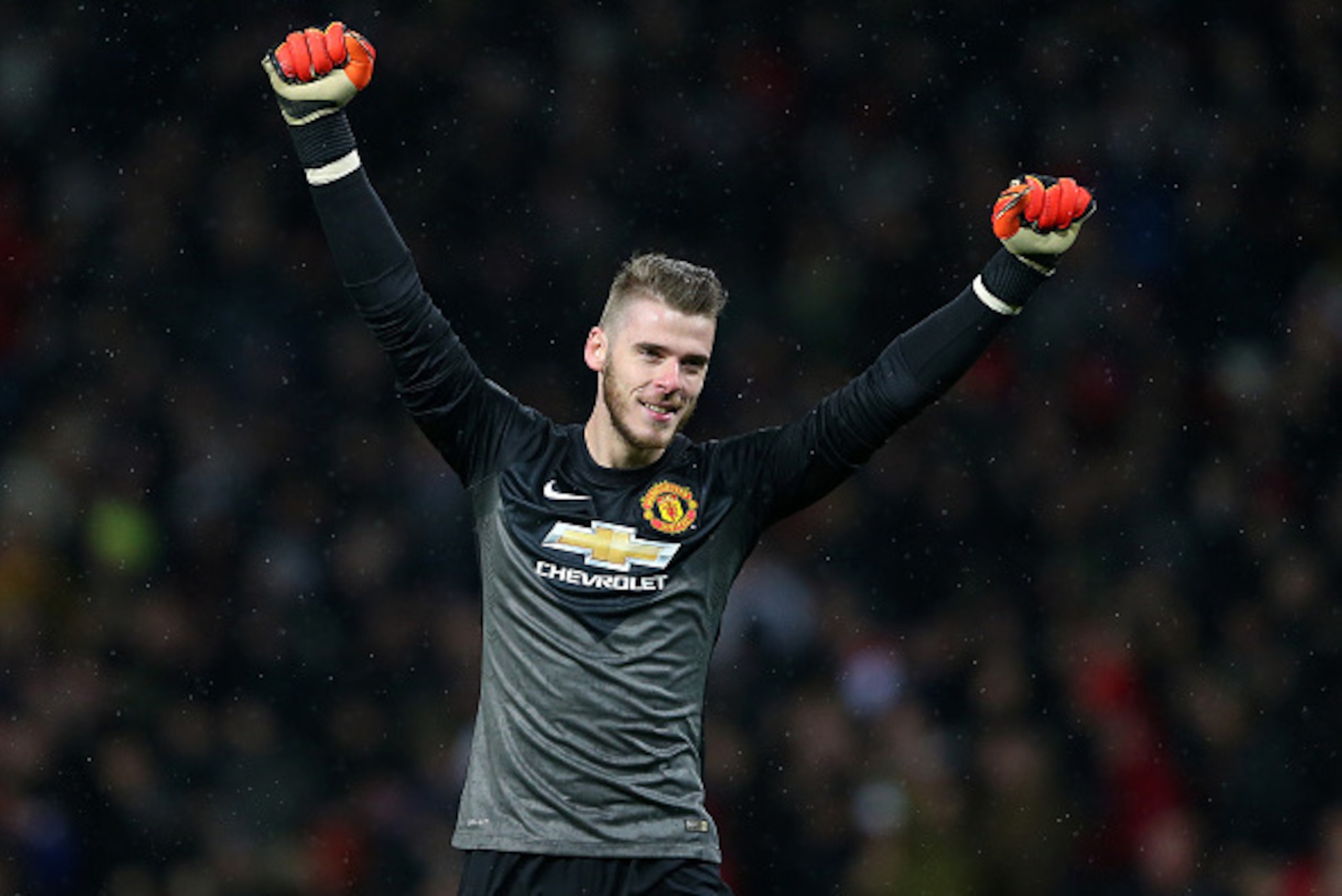 MANCHESTER, ENGLAND - DECEMBER 26:  David De Gea of Manchester United celebrates after the third goal during the Barclays Premier League match between Manchester United and Newcastle United at Old Trafford on December 26, 2014 in Manchester, England.  (Ph