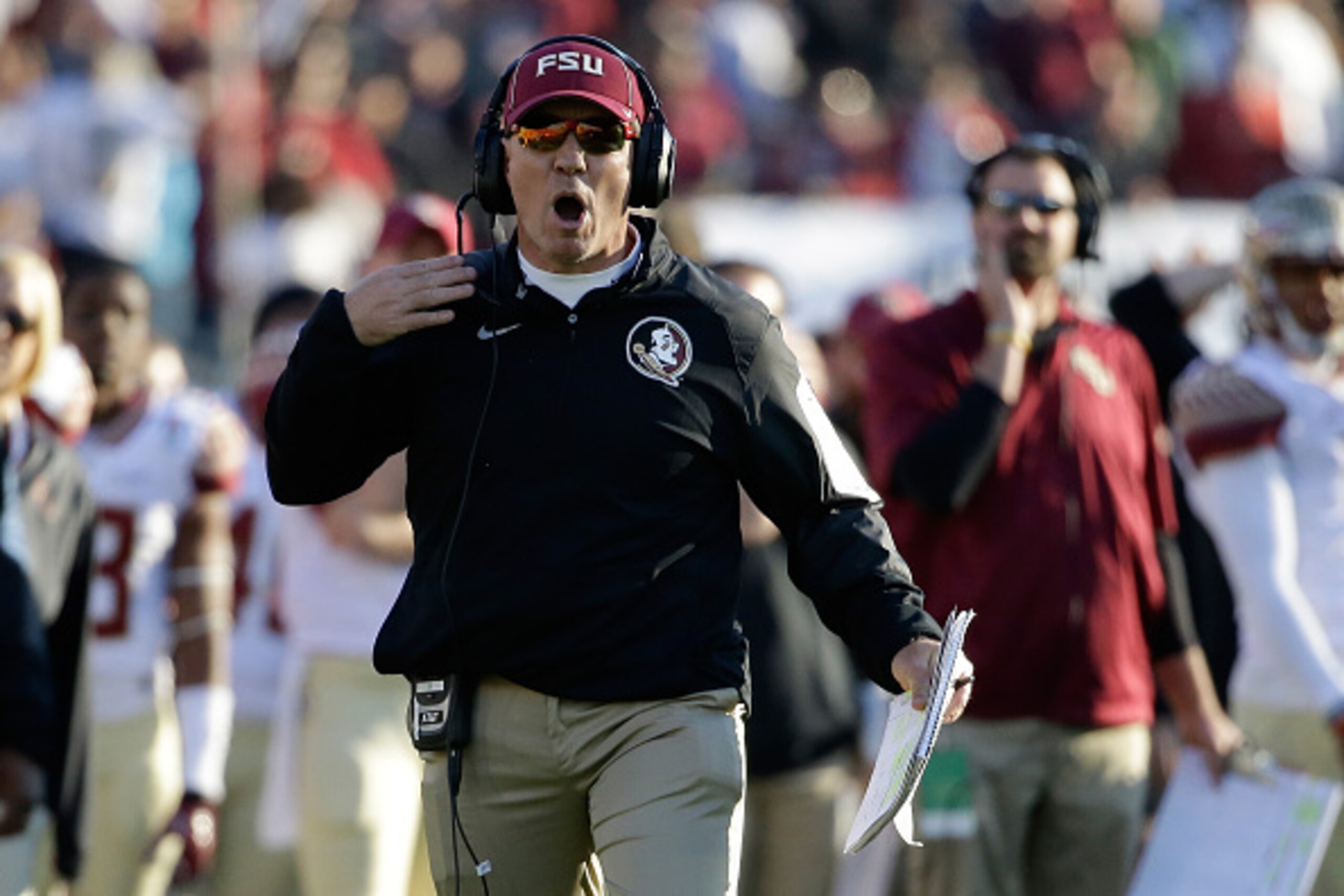 PASADENA, CA - JANUARY 01: Florida State Seminoles head coach Jimbo Fisher reacts to a play against the Oregon Ducks during the College Football Playoff Semifinal at the Rose Bowl Game presented by Northwestern Mutual at the Rose Bowl on January 1, 2015 PASADENA, CA - JANUARY 01: Florida State Seminoles head coach Jimbo Fisher reacts to a play against the Oregon Ducks during the College Football Playoff Semifinal at the Rose Bowl Game presented by Northwestern Mutual at the Rose Bowl on January 1, 2015